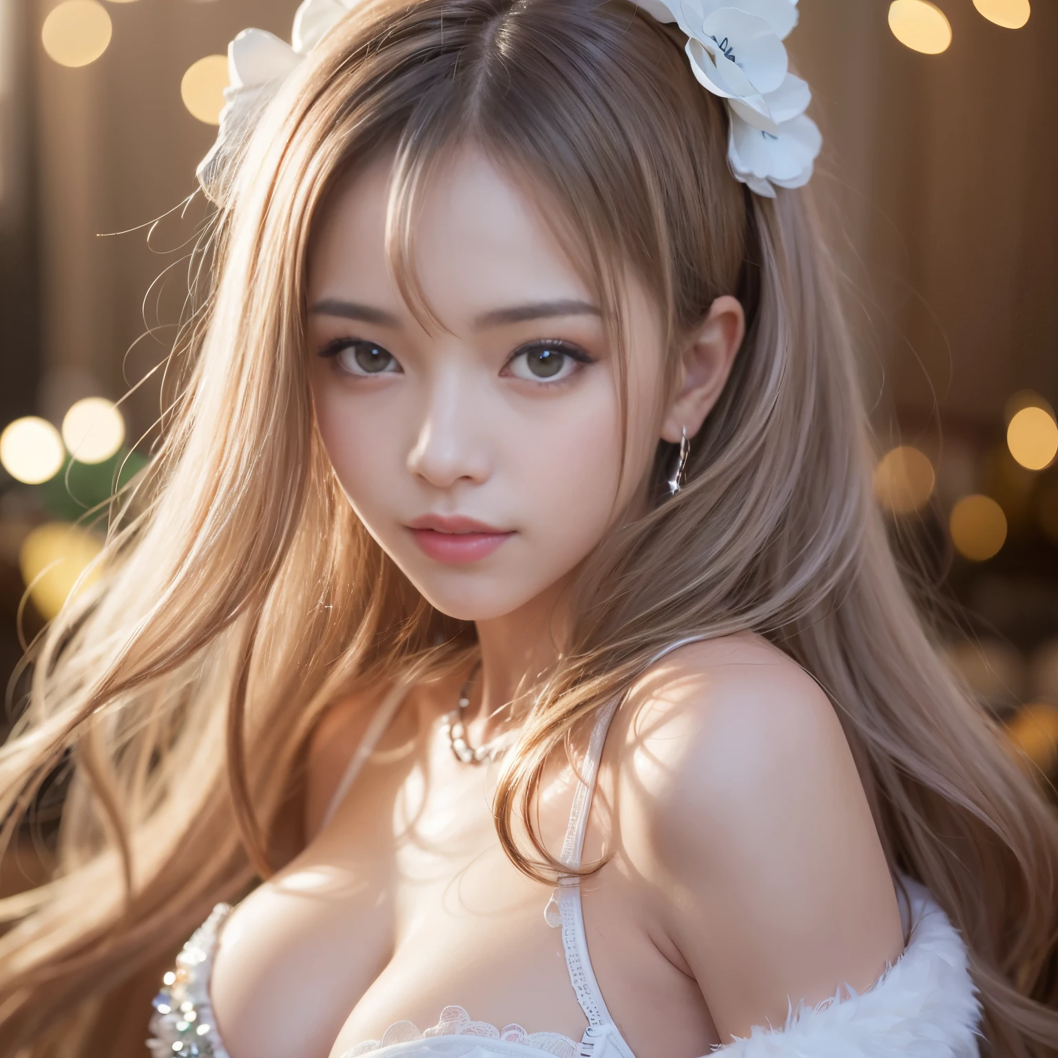 Best-quality, Masterpiece, Ultra-High-Resolution, (Photorealistic:1.4), Raw-Photo, Extremely-Details, Perfect-Anatomy, 1girl, the most famous Japanese idol, wearing only sexy-christmas-costume, having a lot of fun at christmas home party, extremely cute face like the most popular Japanese idol, extremely beautiful big-black-solid-circle-eyes, extremely beautiful hair, extremely beautiful long-eyelashes, extremely beautiful lips, extremely beautiful white skins, looking at viewer, innocent smile, face focus, portrait, dynamic-pose