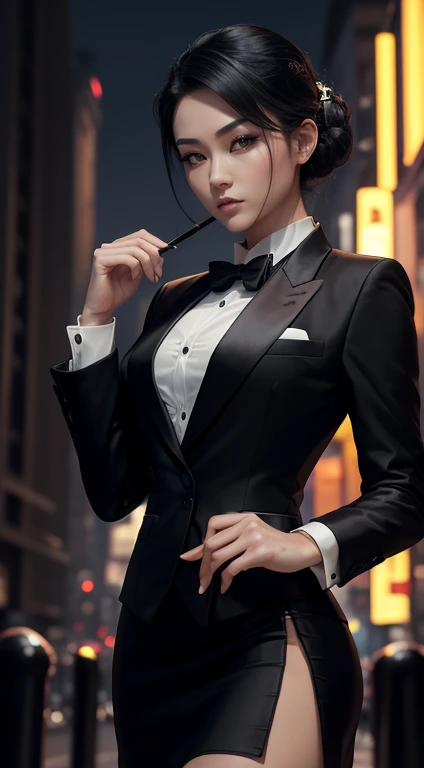 (A beautiful 25 years old Asian Hitwoman), (wolfcut black hair), (pale skin), (serious face), (wearing black and white formal tuxedo), skirt suit, (((tuxedo))), (((dress shirt))), (((black bowtie))), blazer, (((suit jacket))), (((waistcoat))), double-breasted waistcoat, (((bodycon miniskirt))), pencil skirt, tights, pantyhose, white gloves, (city at night background), view from front, waist up shot, dynamic pose, ambient lighting, photo realism, intricate face detail, intricate hand details, highly detailed, vibrant colors, cinematic, high definition, trending on Artstation--style raw