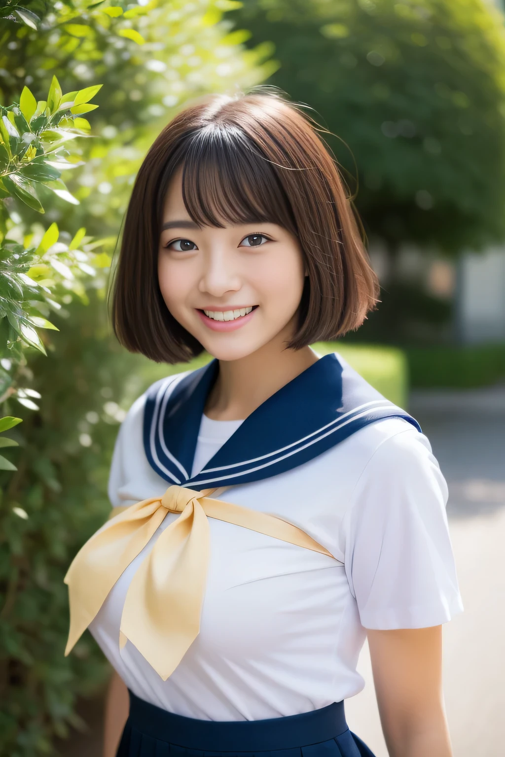 (masterpiece、16k image、high-level image quality、top-quality)、独奏、1girl in、(Japan Girls' High School Sailor Uniform,flawless)、(flawlessな解剖学,Beautiful limbs、Healthy body、Beautiful skin)、Sunnyday、A dark-haired、short-haired、Black eye、Way back、Colossal tits:1.5、School route、artistic.、Beautuful Women、Beauty Body、ssmile、