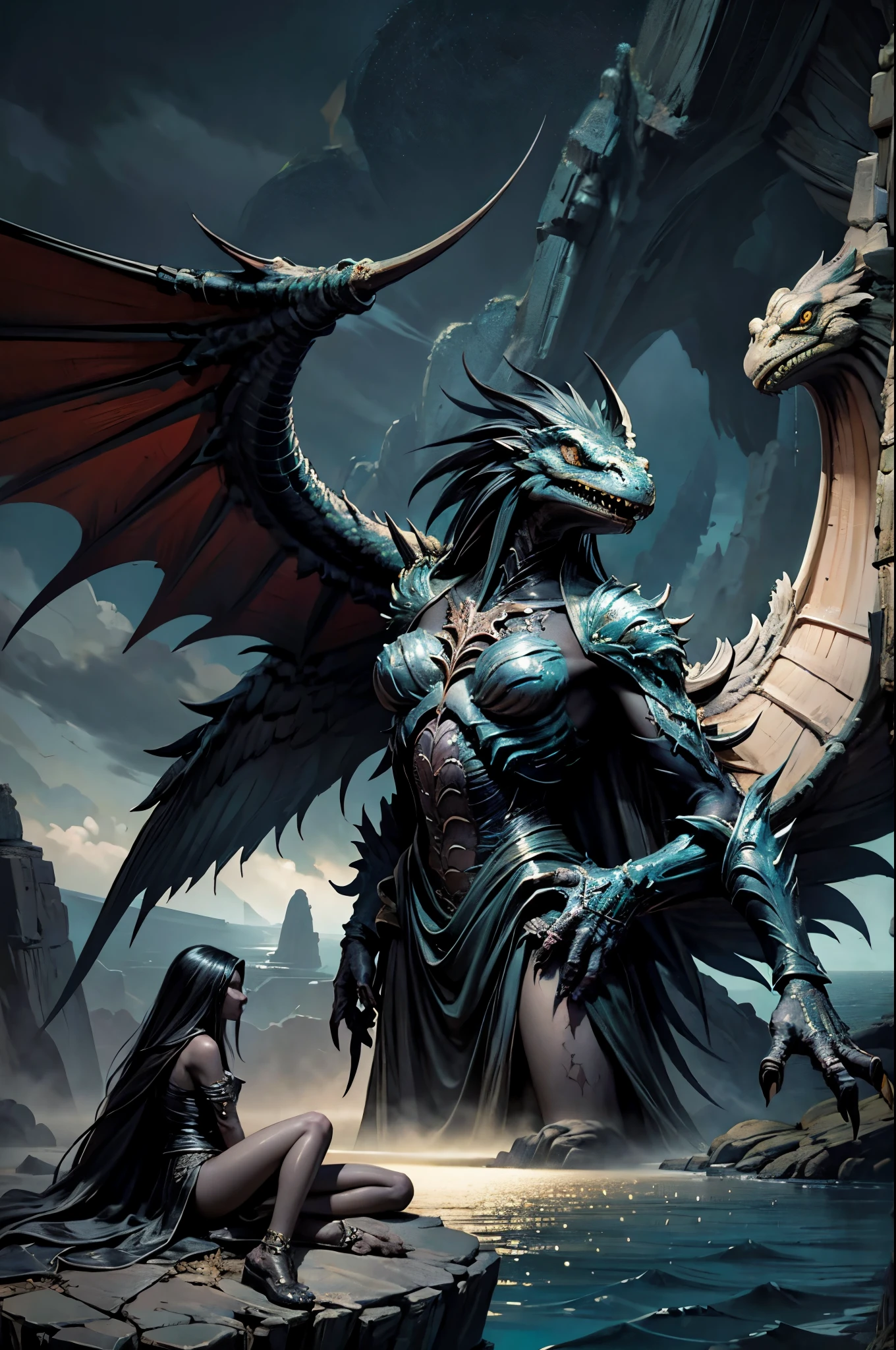 Harpyia is a mythical creature that combines avian and human elements. Their body is like a woman,Has human hands and head, Rest on the edge of a high cliff,Overlooking the calm sea. Let them gaze at the horizon in a peaceful mood. The background must be large, Endless ocean, The Art of Horror Fiction, Sci-fi horror art, Inspired by Aleksi Briclot, alligators, horror fantasy art, Alexi Brillot, horror concept art, Vining, Fantasy and Horror Art, 4k horror detailed illustration,dark fantasy horror art