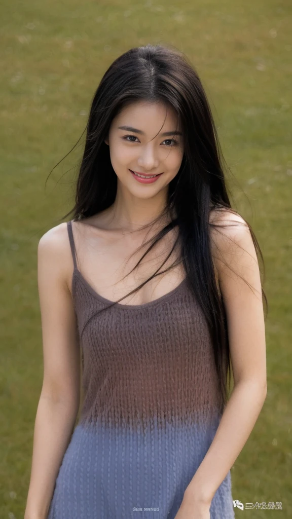 1 woman, white background, (Very detailed body, very detailed face, best quality: 1. year old female), looking at the viewer, Smiling with teeth showing, looking at her hand holding  (very long layered hair: 1.2), (Her thighs are very  beautiful:1.3), (8 thousand:1.5), (nude:, (radiant skin:1.3), (big breasst Beautiful Women in Korea, beautiful bridge,