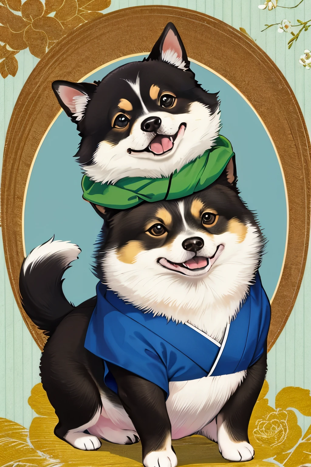 Shiba dog(pup、A black、Round eyes、Kimono)
Background with(Green and blue)