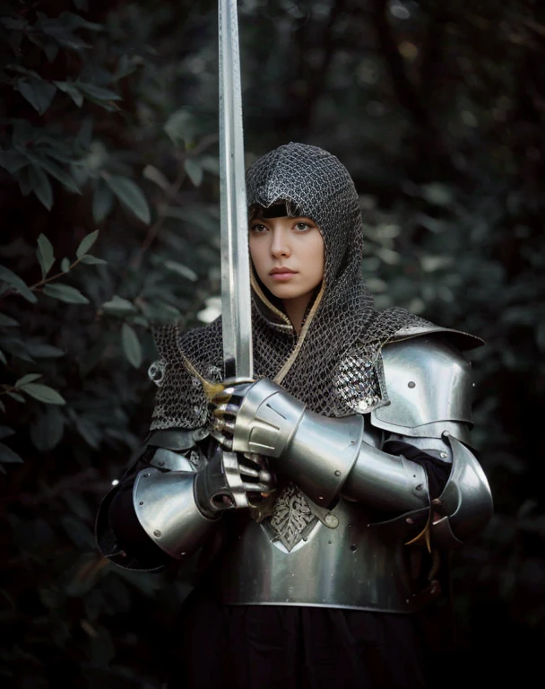 Mujer con armadura sosteniendo una espada en un bosque., Chica con armadura de caballero, of a beautiful Caballero femenino, beautiful Caballero femenino, Caballero medieval femenino, Caballero femenino, Guerrera medieval, imogen poots as a paladin, Retrato Caballero Femenino, Vestido con armadura, con armadura de caballero, Usando una intrincada armadura de acero, Usando armadura pesada, usando armadura completa