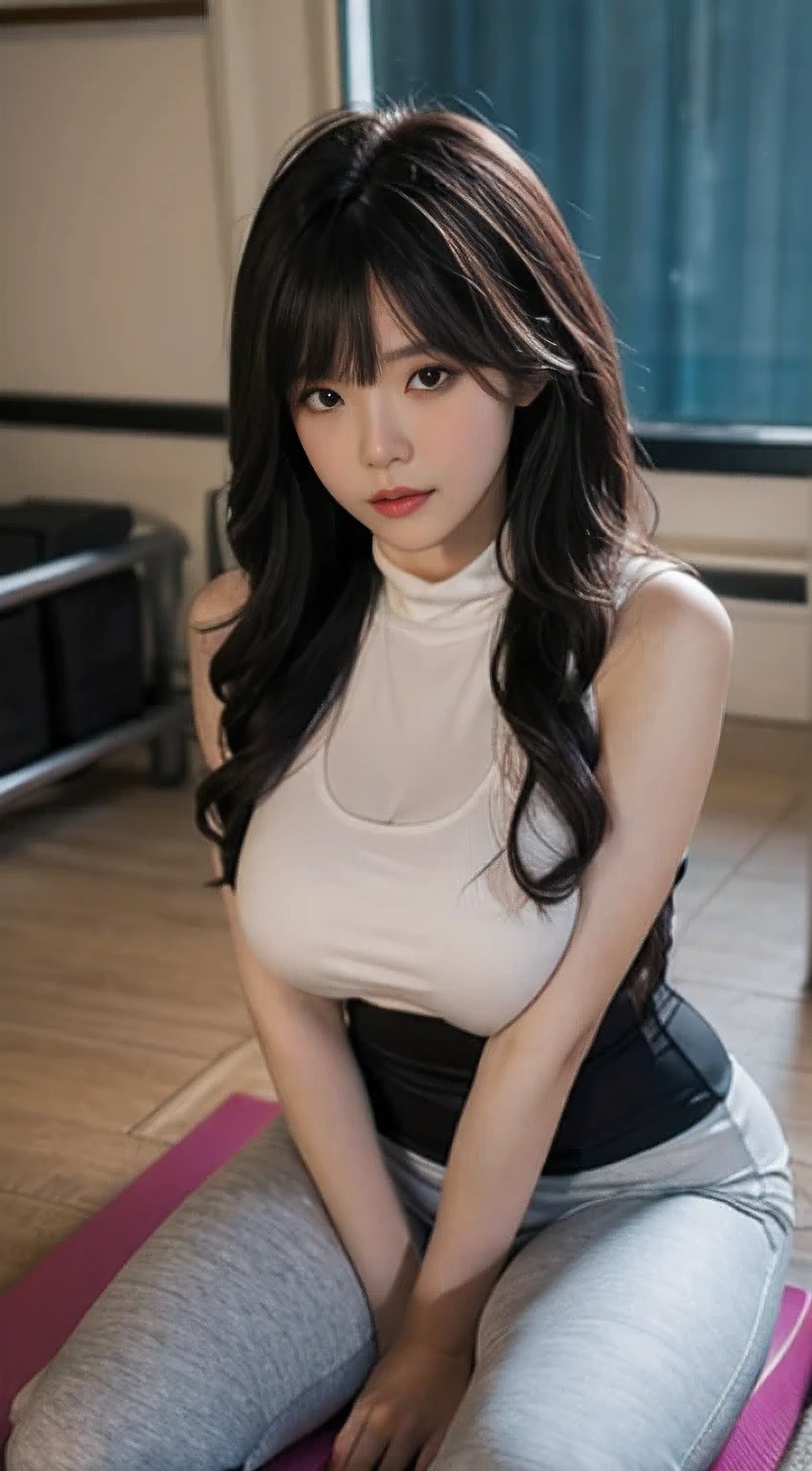 A Chinese woman in gym equipment, fluffy hair, delicate face, bright, real girl, large aperture, wearing tight yoga pants, tight trousers, wearing a nine-point yoga vest, round neck vest, macro shooting, slightly fat, plump, sexy, looking at you, good-looking eyes, very plump, very big breasts,