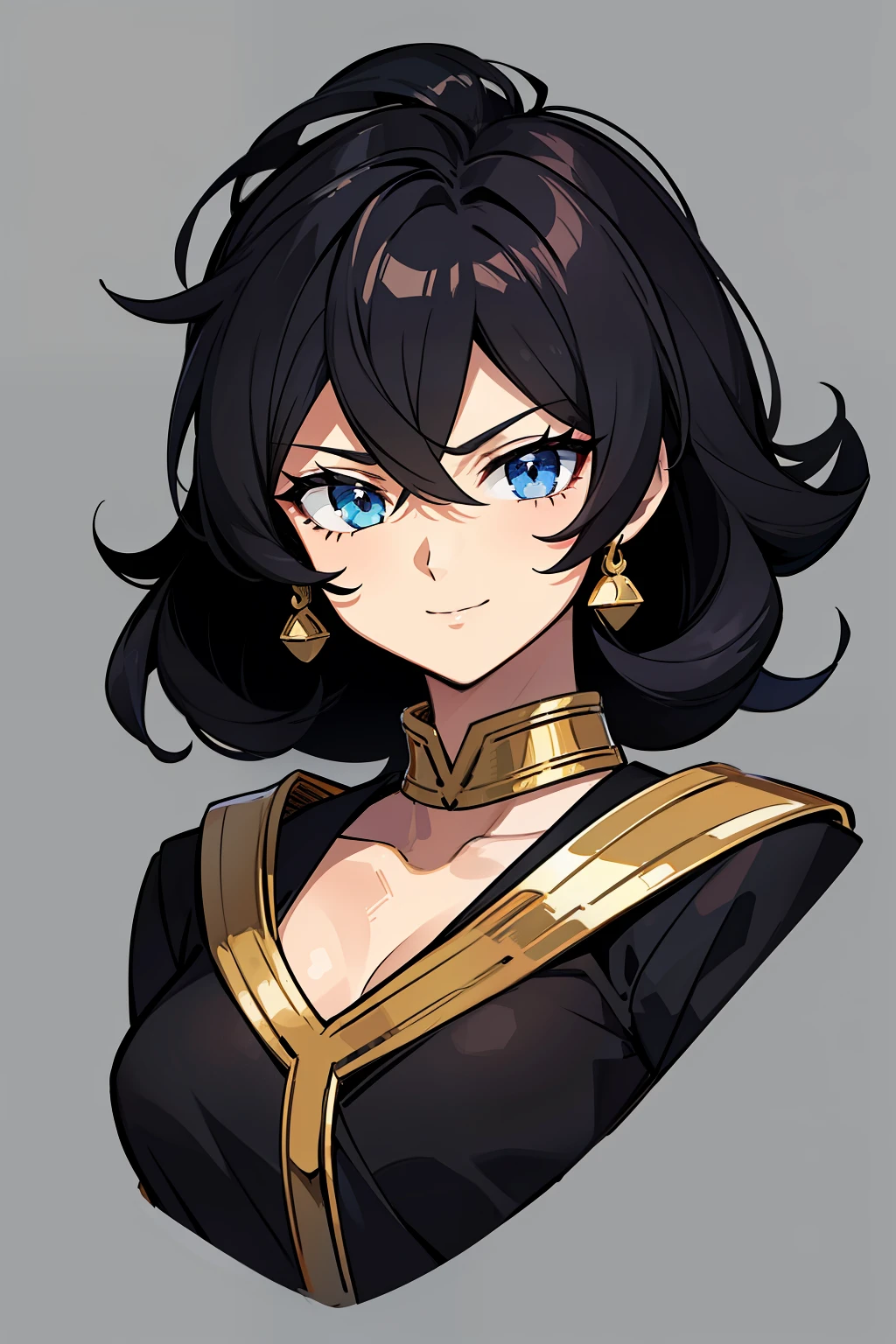 (high-quality, breathtaking),(expressive eyes, perfect face) portrait, 1girl, girl, solo,  adult, black hair, blue coloured eyes, stylised hair, gentle smile, medium length hair, loose hair, side bangs, curley hair, really spiky hair, spiked up hair, looking at viewer, portrait, ancient greek clothes, black long sleeved tunic gold trim around collar edges and down middle, greek, red and gold sash, simple background, slightly narrow eyes, baby ll body, happy expression, clothes similar to Hypnos Saint Seiya, clothes similar to Alone Saint Seiya, C cup size breasts