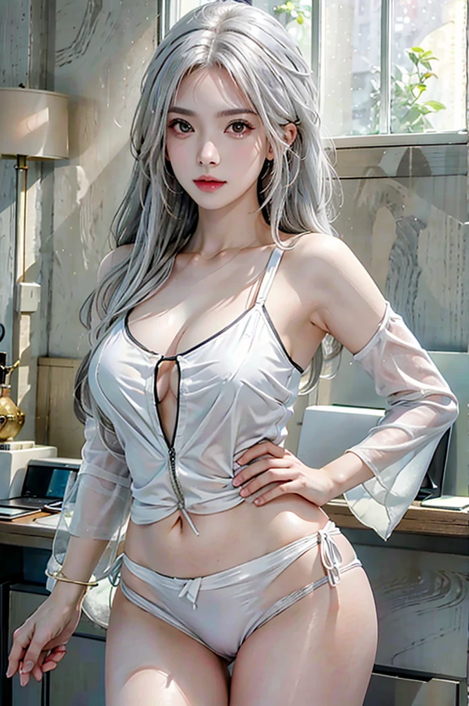 photorealistic portrait, high-res, 1woman, bara, Hip up, look at viewer, (detailed face), White Hair, long-haired, Cabinet, swimsuit