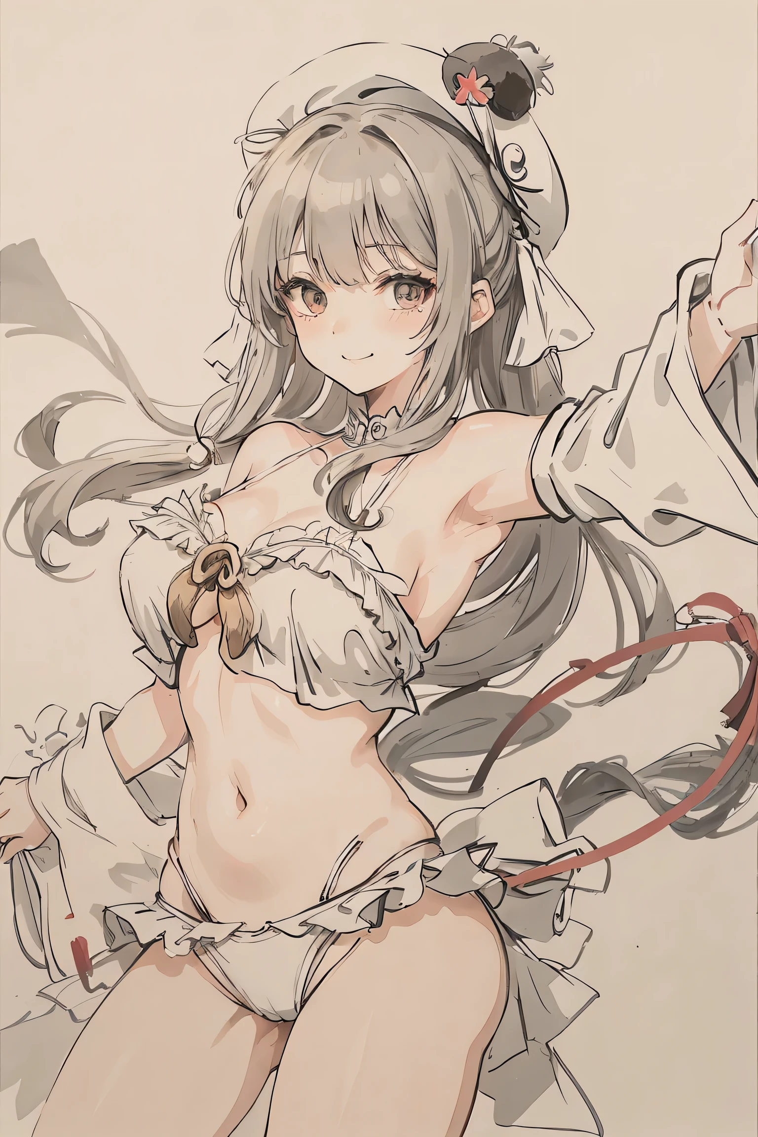 sparrow, a silver haired girl, wearing a arabian dancer clothes, curly medium hair, hair, arabian dancer style with ruffles on the shoulders, slim body, naughty face, naughty smile, white beret, medium breasts, she close her left eye, white bra, white panties, navel, dancing