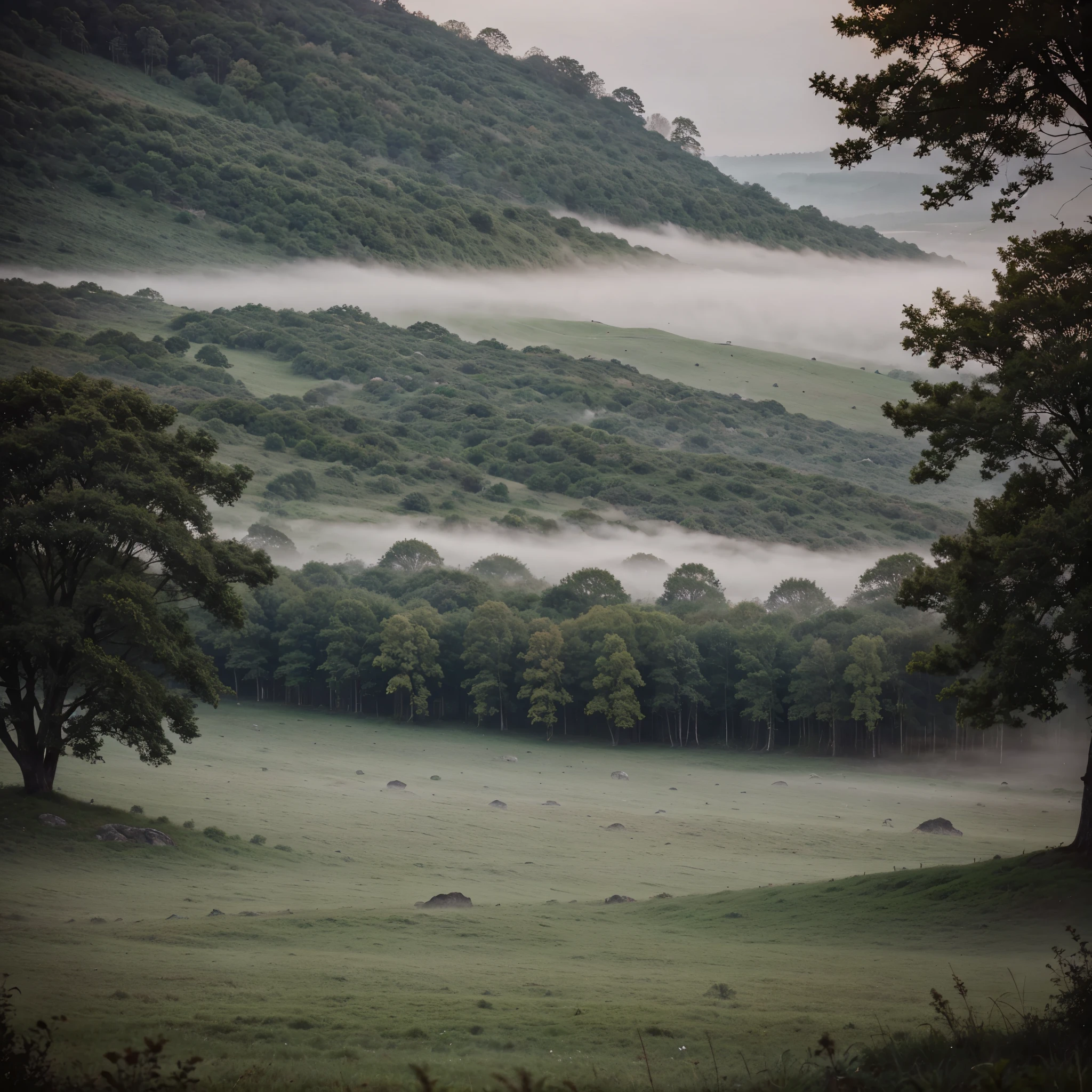 In this captivating image, a misty morning blankets the landscape, creating an otherworldly atmosphere that shrouds the surroundings in intrigue and enigma. The mist seeps into every nook and cranny, lending an ethereal quality to the trees, meadows, and distant hills. This mesmerizing scene, resembling a tranquil painting, captures the essence of a foggy morning with its delicate brushstrokes and subtle color palette. The artist skillfully portrays the mist as it delicately embraces the landscape, blurring shapes and creating a sense of mystery. The viewer is drawn into this meticulously crafted image, witnessing the serene beauty of a foggy morning that evokes a sense of wonder and curiosity.