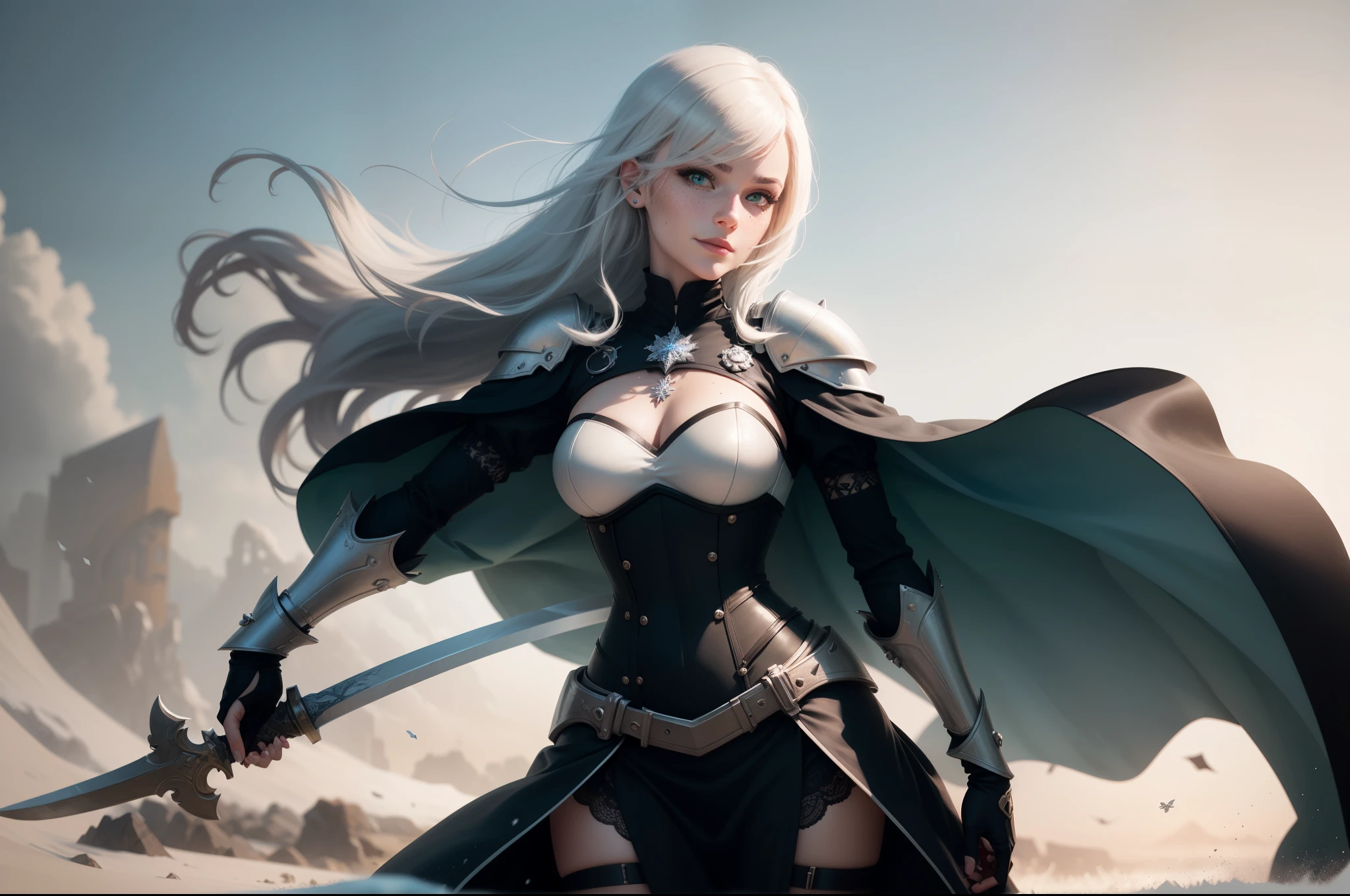 gwen tennyson,1girl,yorha 2b,riven,tracer, overwatch,atelier ryza,close up,battlefield view,tattoos,royal black and white plugsuit,white short sleeve knight top,black knight full steel armor,steel leggings,white knight corset,long hair,princess makeup,green eyes,multicolored silver hair,long dress train,shy smile,freckles,beautiful girl, knight thigh high boots,large breasts,8k,ultra detailed,realistic,fantasy art,silver knight uniform,queen gown dress,hair pin,ear piercings,snowflake hand and neck jewelry,(weather:windy),long black knight cape,holding a sword on each hand,(pose:ready to attack),