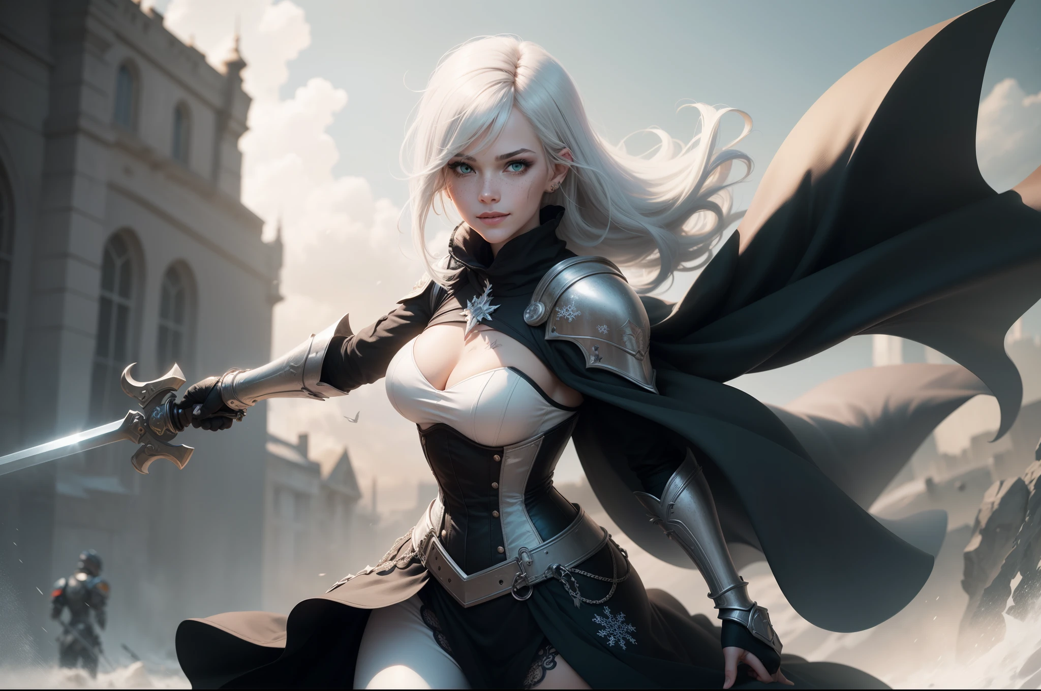 gwen tennyson,1girl,yorha 2b,riven,tracer, overwatch,atelier ryza,close up,battlefield view,tattoos,royal black and white plugsuit,white short sleeve knight top,black knight full steel armor,steel leggings,white knight corset,long hair,princess makeup,green eyes,multicolored silver hair,long dress train,shy smile,freckles,beautiful girl, knight thigh high boots,large breasts,8k,ultra detailed,realistic,fantasy art,silver knight uniform,queen gown dress,hair pin,ear piercings,snowflake hand and neck jewelry,(weather:windy),long black knight cape,holding a sword on each hand,(pose:ready to attack),