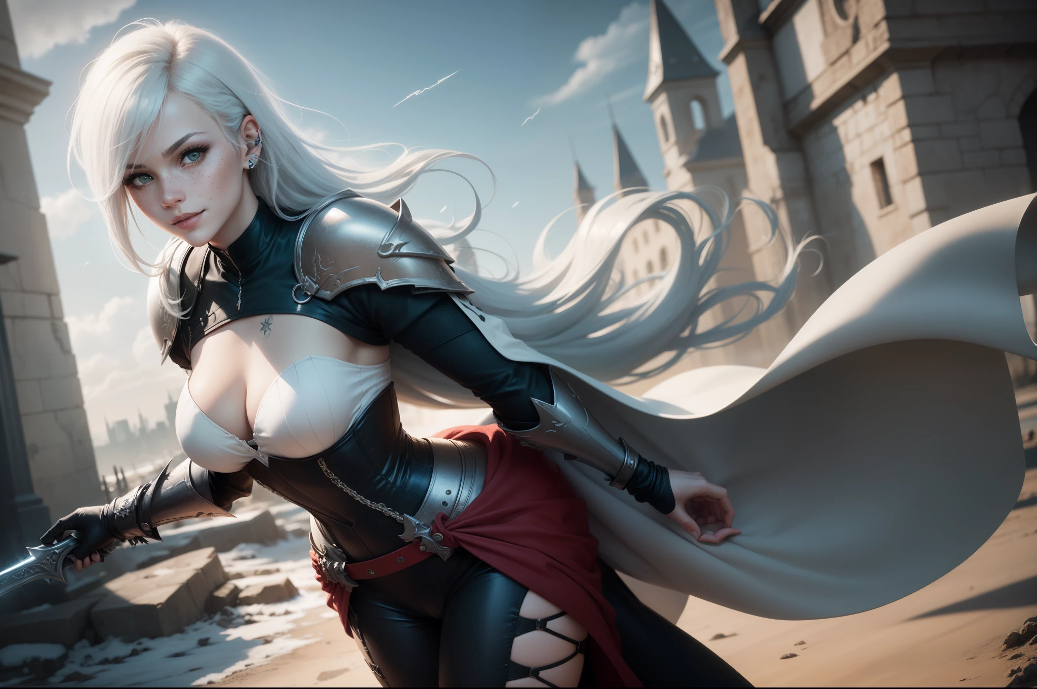 gwen tennyson,1girl,yorha 2b,riven,tracer, overwatch,atelier ryza,close up,battlefield view,tattoos,royal black and white plugsuit,white short sleeve knight top,black knight full steel armor,steel leggings,white knight corset,long hair,princess makeup,green eyes,multicolored silver hair,long dress train,shy smile,freckles,beautiful girl, knight thigh high boots,large breasts,8k,ultra detailed,realistic,fantasy art,silver knight uniform,queen gown dress,hair pin,ear piercings,snowflake hand and neck jewelry,(weather:windy),long black knight cape,holding a sword on each hand,(pose:ready to attack),