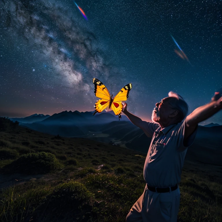 Rainbow butterfly flying in front of the night view, Very detailed, 4k realistic, Beautiful night view from the mountaintop,old man flying in the air,An old man spreading his arms,There are fireflies,