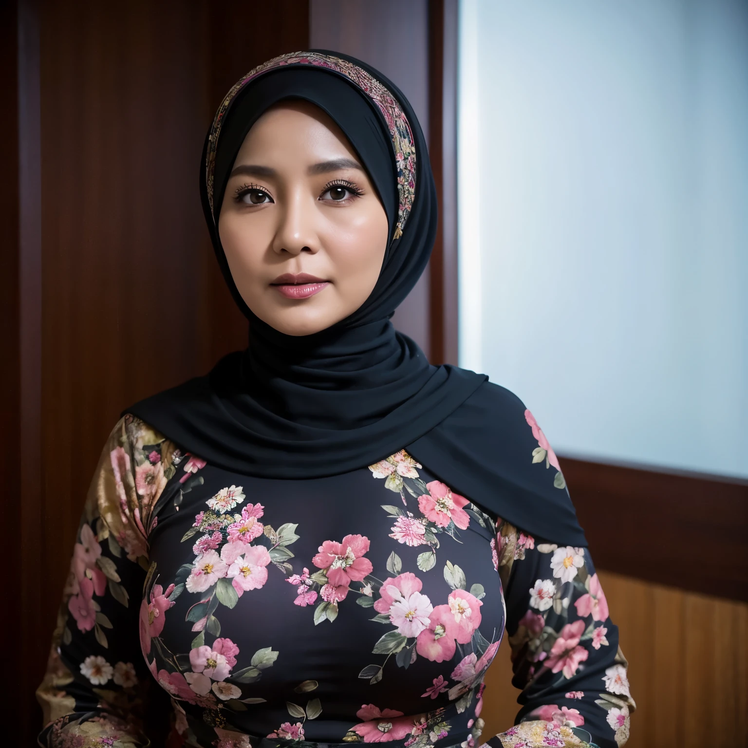 52 years Old, Hijab Indonesian mature woman, Large Tits : 96.9, Tight Gamis Floral Pattern, Breast about To burst out, at Office, Dark light, at Nighttime