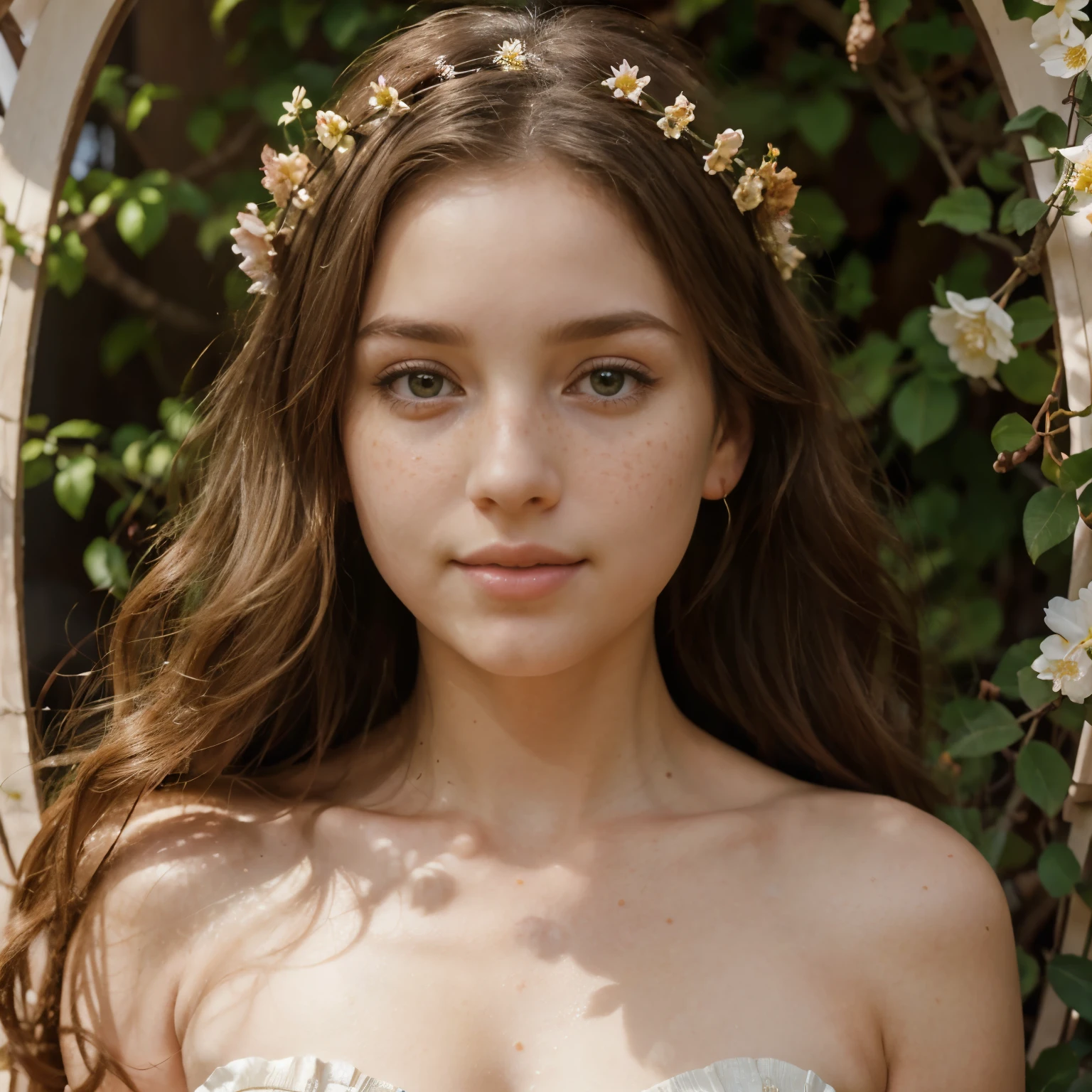 In this rendition, Aphrodite's face is a canvas of natural grace. Her eyes, the color of earthy hazel, reflect the vibrant hues of the blooming garden that surrounds her. A crown of flowers frames her forehead, and delicate tendrils of hair adorned with tiny blossoms frame her face. Rosy cheeks convey a youthful warmth, and a sprinkle of petal-shaped freckles adds a charming touch, embodying the goddess's connection to the floral abundance of nature, full body view, full body view, full body view, full body view, full body view, full body view,