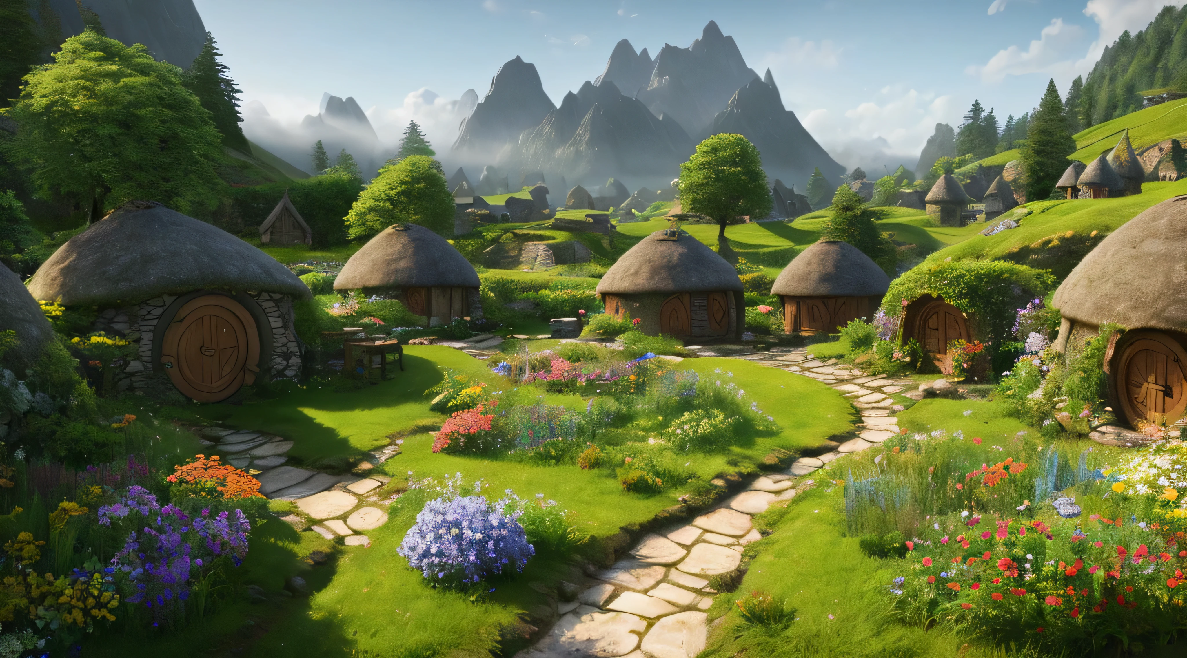Landscape hobbit village, house with round windows and doors, small garden with small flowers, fantastic spring elf forest, flowers, sun, mountains in the mist in the background. High Quality, Hobbit Movies, Lord of the Rings Movies, Lord of the Rings Movies CG Unity 8k cg Unity 8k