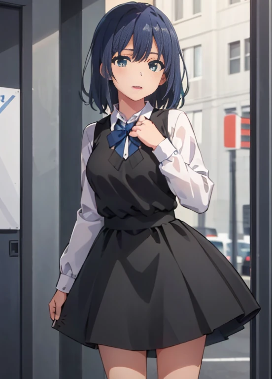 Akabane Kurokawa, 1 girl, Blue hair, Green eyes, Bangs,Medium Hair, plein air, urbane, Cowboy Shot,
(Best Quality, 4K, 8K, hight resolution, masutepiece:1.2), Ultra-detailed, (Realistic, Photorealsiticです, Photorealsitic:1.37), nffsw, nffsw, Studio Lighting, Ultra-fine painting, Sharp Focus, Physically-based rendering, extreme detail description,Black skirt integrated dress,Dresses with visible backs,耳环,Black tights,pin heels,Wedding Venues