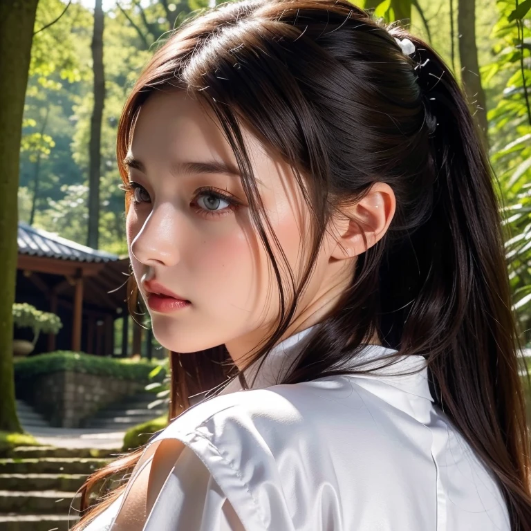 full body of a beauty girl 18yo white skin wear traditional europe long dress clothes, tradition dancing pose, in deep forest infront of big house with intricate design, a lot of stuff around, high detailed, 8k, realistic photograph