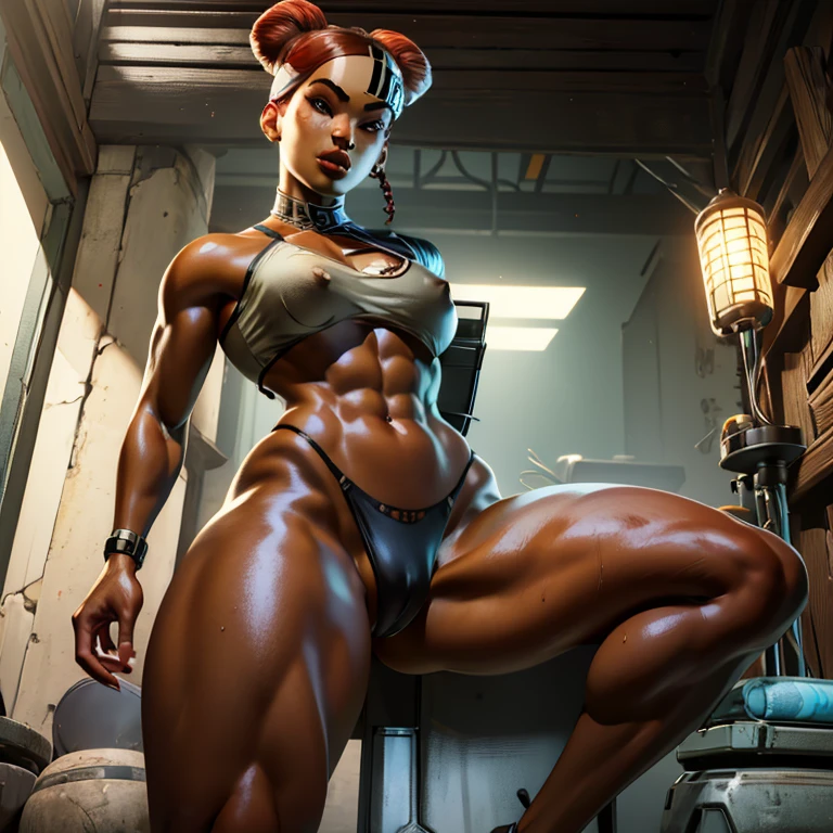 1girl, dark-skinned female, red hair, small breasts, brown eyes, asian face, double bun, facing viewer, abs, thic legs, open legs, cintura, lenceria deportiva, sports bra, nipples shape, sports panties, pussy, headband, collarbone, navel, standing, whole body, cleavage, cyberpunk, open hospital,(insanely detailed, beautiful detailed face,beautiful detailed eyes, masterpiece, best quality)