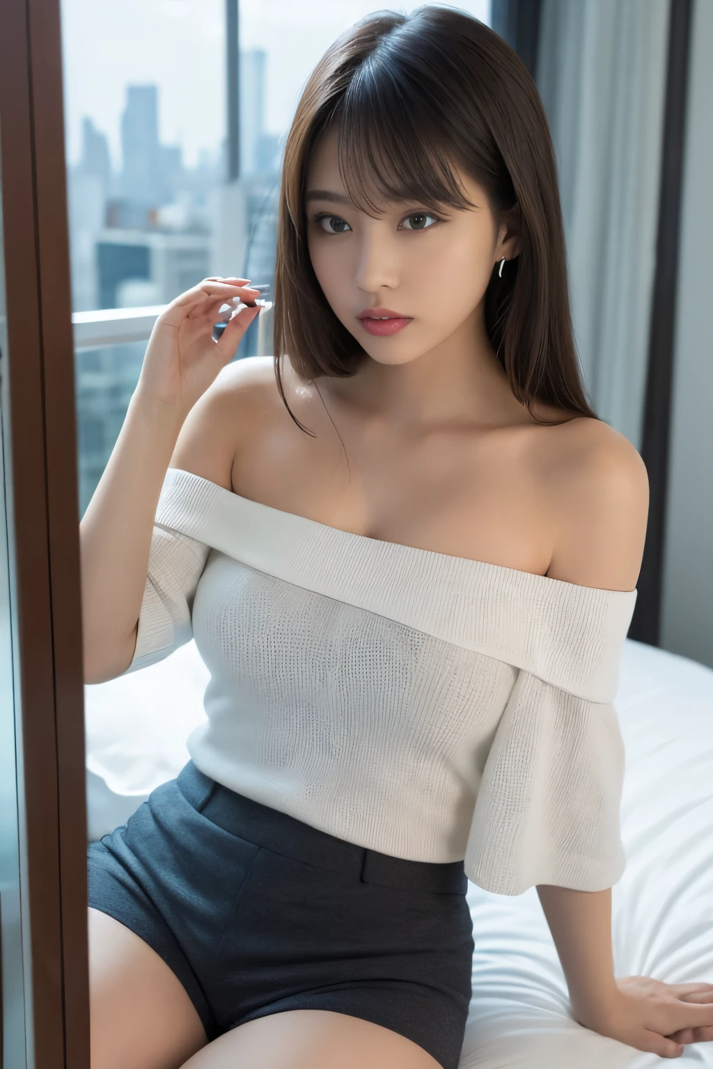 ((The Ultimate Beautiful Japan Married Woman))、mature、beautiful features、eye:1.3), detailed lips, 細部にまでこだわった美しいeye, double eyelid, long eyelashes、(very small breasts), (curve), (grin and laugh), cparted beautiful teeth), blush, captivating gaze, (short brunette bob), master piece,(long legs,longest quality,hyper detail,enlightenment,細かくて細かいeyeと細かい顔) charm:brunette colored hair,natural makeup, black glasses, short hair random color clothes, round chest,looking at the viewer,solo,mature woman,military office background
