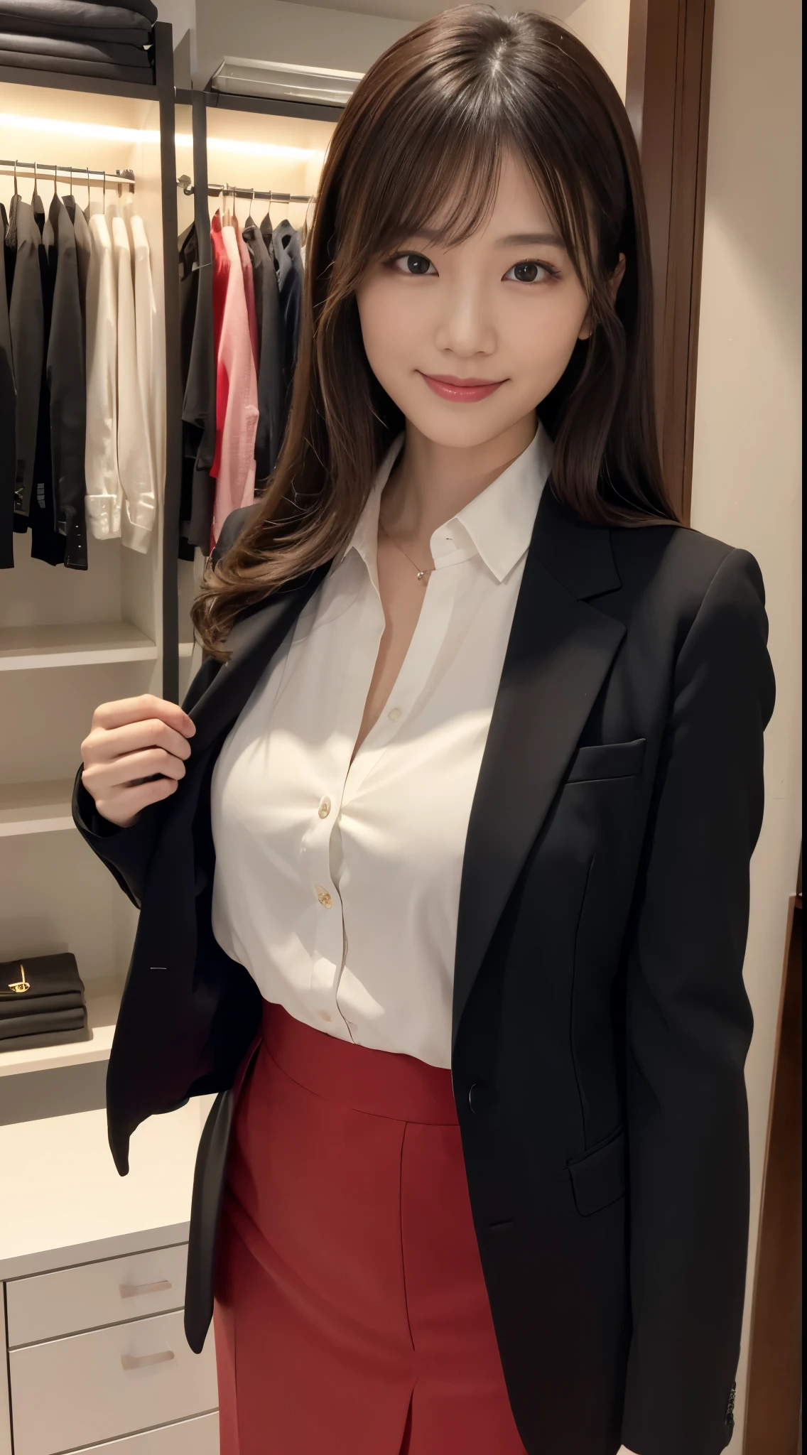 ultra best quality、in 8K、masuter piece、Professionally taken photos,masterpiece,25 year old Japanese sexy girl,The best smile,Looking away,Fancy makeup with red eyeshadow,Officelady,Medium chest,Slender body,black office lady suit(skirt type)、vertically curled brown hair、eye glass、Change clothes in the changing room、Bright dressing room