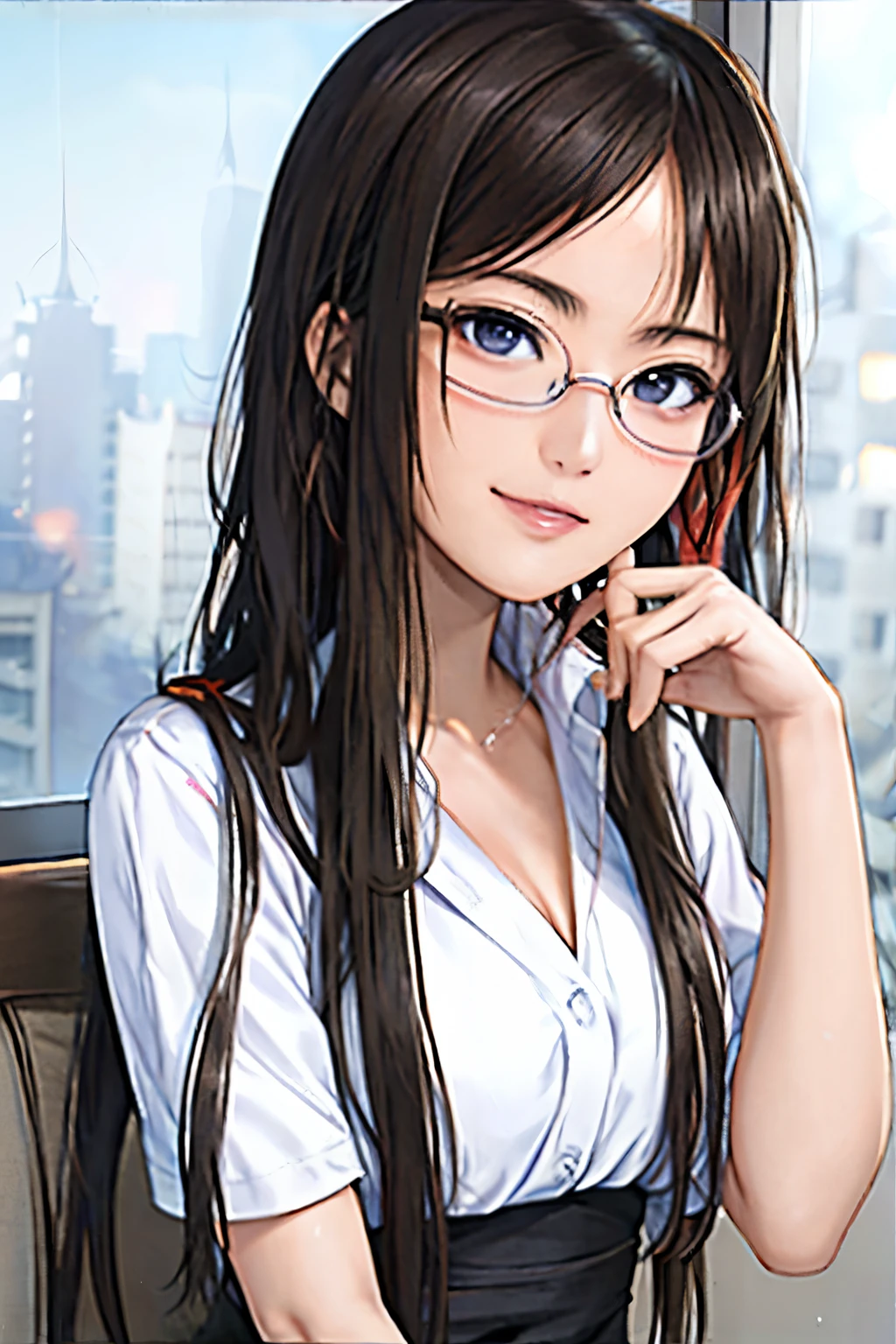 Anime girl with long black hair and glasses looking out the window, rumiko, beautiful Asuka from Evangelion, inspired by Kusumi Morikage, Gainax anime style, Asuka from Evangelion, ikki tousen, Seductive Anime Girl, Shinji Ikari, Beautiful captivating anime , inspired by Rumiko Takahashi, inspired by Rei Kamoi