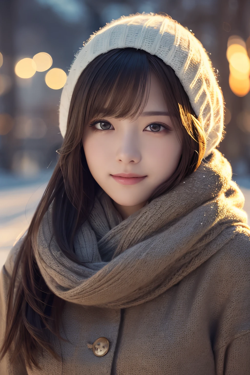 1girl in, (Wear winter clothes:1.2), (Unripe, Best Quality), (Realistic, Photorealsitic:1.4), masutepiece, Extremely delicate and beautiful, Extremely detailed, 2k wallpaper, amazing, finely detail, the Extremely Detailed CG Unity 8K Wallpapers, Ultra-detailed, hight resolution, Soft light, Beautiful detailed girl, extremely detailed eye and face, beautiful detailed nose, Beautiful detailed eyes, Cinematic lighting, Winter scene, Perfect Anatomy, Slender body, Taut, Straight semi-long hair, Bangs, Looking at Viewer, A slight smil