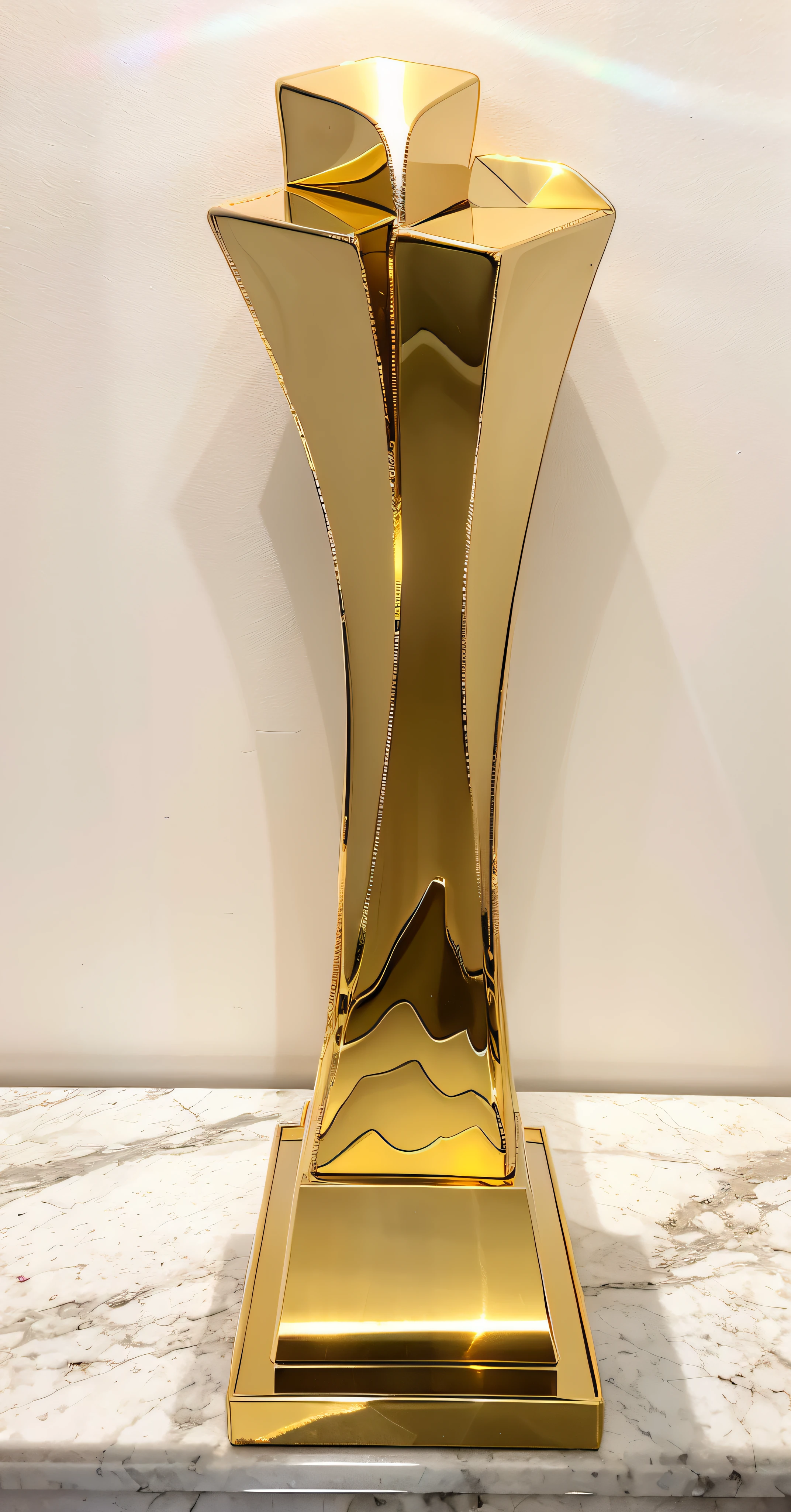 A polished golden trophy lies on a stone table, White cement wall in background, Side lighting, True reflection。shot from bird&#39;Eye view, Show the nobility and glory of the trophy。The composition is symmetrical、with clean lines, Vibrant colors。golden trophy sparkling, Presenting strong visual impact and heart-warming emotions。using a wide angle lens, The effect is remarkable, Enhanced the presence of trophies。