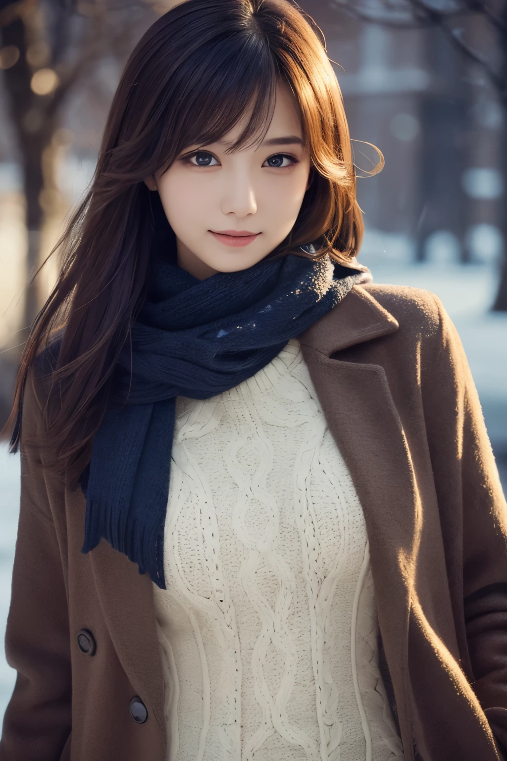 1girl in, (Wear winter clothes:1.2), (Unripe, Best Quality), (Realistic, Photorealsitic:1.4), masutepiece, Extremely delicate and beautiful, Extremely detailed, 2k wallpaper, amazing, finely detail, the Extremely Detailed CG Unity 8K Wallpapers, Ultra-detailed, hight resolution, Soft light, Beautiful detailed girl, extremely detailed eye and face, beautiful detailed nose, Beautiful detailed eyes, Cinematic lighting, Winter scene, Perfect Anatomy, Slender body, Taut, Straight semi-long hair, Bangs, Looking at Viewer, A slight smil