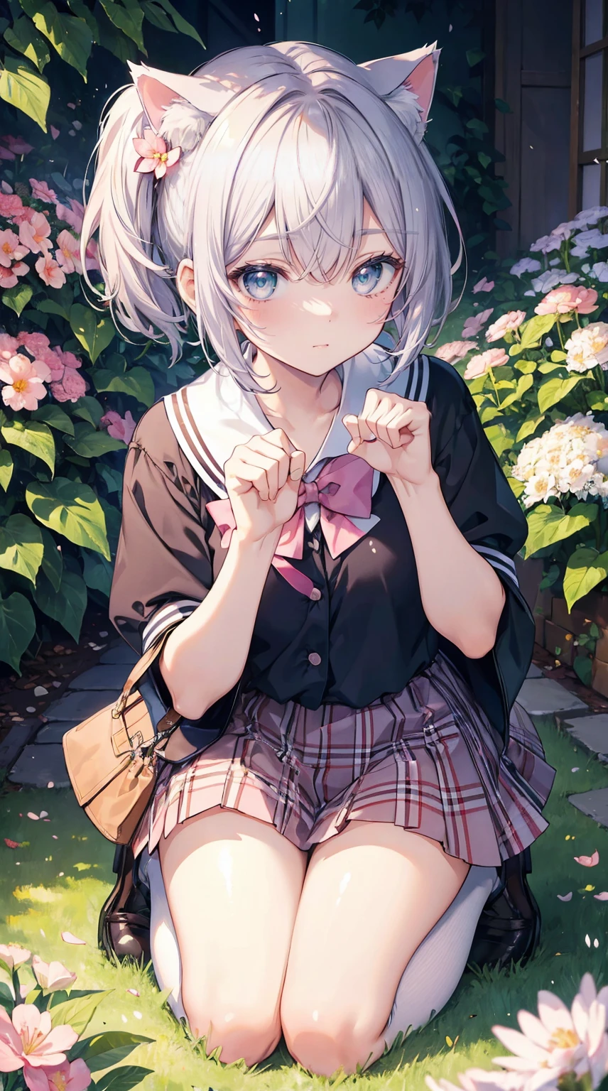 ((masterpiece)), (best quality), (ultra-detailed), (beautiful illustration),
outdoor, flower garden, sakura,
tsutsukakushi tsukiko,grey hair,short hair,aqua eyes,side ponytail,school uniform,white shirt,pink plaid skirt,black legwear,
solo, cat_ears, blush,
kneeling, from above, face focus, face close-up, cat_hand_pose, poker face, fist