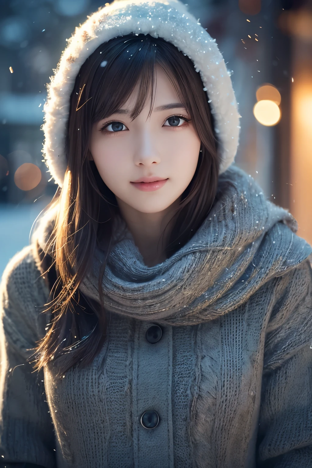 1girl in, (Wear winter clothes:1.2), (Unripe, Best Quality), (Realistic, Photorealsitic:1.4), masutepiece, Extremely delicate and beautiful, Extremely detailed, 2k wallpaper, amazing, finely detail, the Extremely Detailed CG Unity 8K Wallpapers, Ultra-detailed, hight resolution, Soft light, Beautiful detailed girl, extremely detailed eye and face, beautiful detailed nose, Beautiful detailed eyes, Cinematic lighting, Winter scene, Perfect Anatomy, Slender body, Taut, Straight semi-long hair, Bangs, Looking at Viewer, A slight smil