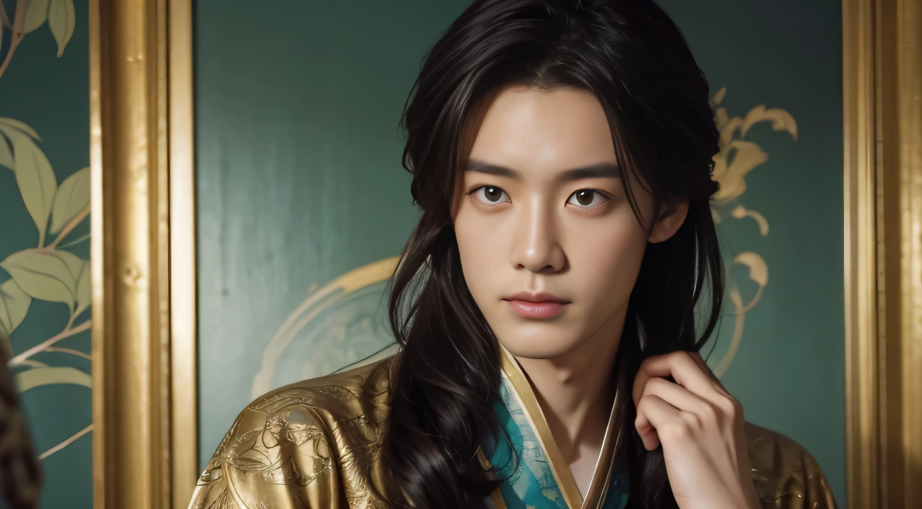 1 persons,Chinese handsome,4k画质,Brilliant light and shadow,dingdall effect,The halo,messy hair,young country,Gorgeous scene,dress nicely,锁链,merit,Ancient Chinese style,Eyes are big and delicate,digitial painting,art stations,concept-art,Clear focus,lamplight,Greg Rutkoski、Artwork by Alphonse Mucha and Victo Ngai,facing at the camera