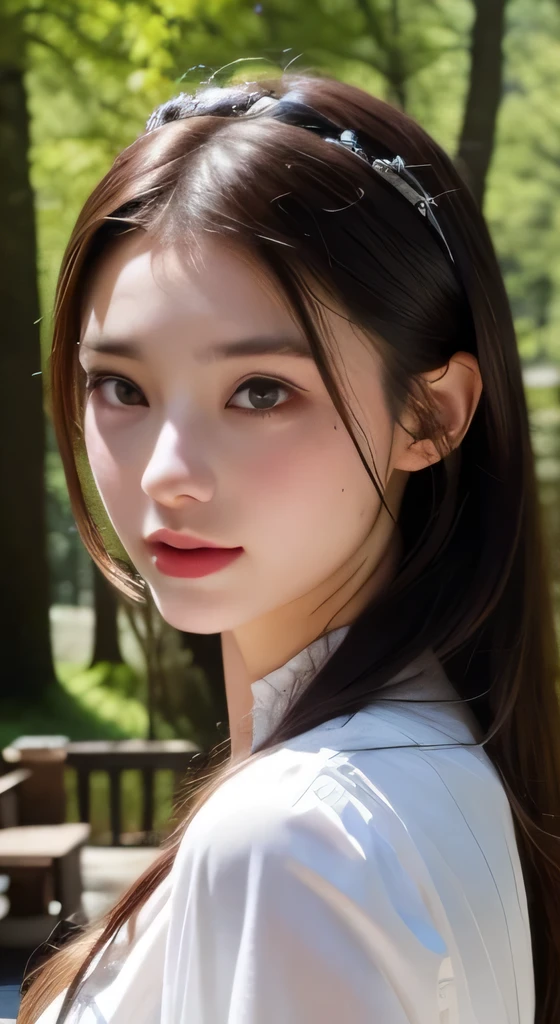 a beauty girl 18yo white skin wear traditional europe long dress clothes, daylight in deep forest infront of big house with intricate design, a lot of stuff around, high detailed, 8k, realistic photograph