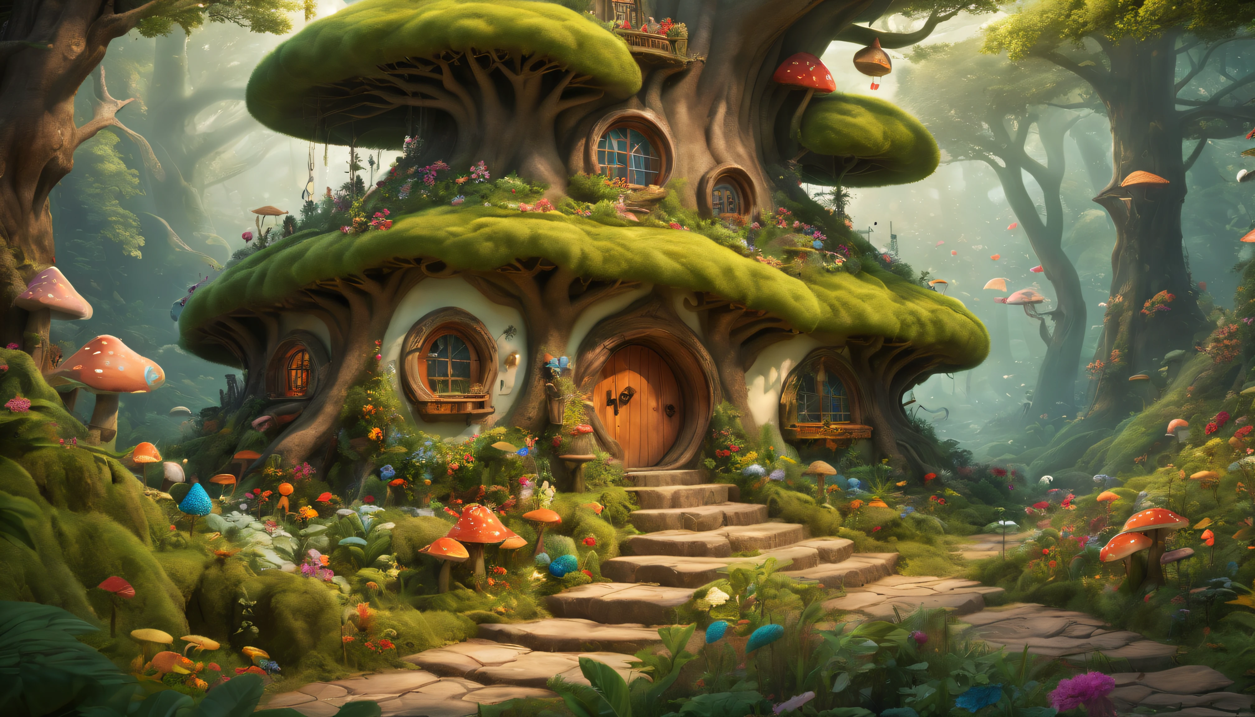 (Mysterious fantasy forest，Dense trees，A strange and cute little tree:1.5)，Hobbit Cottage, It is vividly depicted in the work (Best quality, 8K, Advanced resolution, tmasterpiece: 1.2), With ultra-detailed detail， (1.Realism increased by 4 times, realistically: 1.37). This dreamy forest displays vibrant colors in the warm sunlight, create happiness、Whimsical vibe. The house is designed with great attention to detail, With a complex design and unique architecture, mushroom shaped house。 (This magical forest is surrounded by lush greenery and colorful flowers), Elevate a captivating and magical environment。 the work exhibits an illustrative style, inspired by kids&#39;s book illustration, Ensures a charming touch. The color palette is made up of vibrant rainbow colors, Seven colors，Evoke feelings of joy and playfulness. Lighting sets off the picturesque scene, Create soft and warm shadows，Add depth and warmth to the artwork. Every detail is impeccablely presented, 创造出视觉上令人惊叹的tmasterpiece，Capture the essence of the fantasy forest.