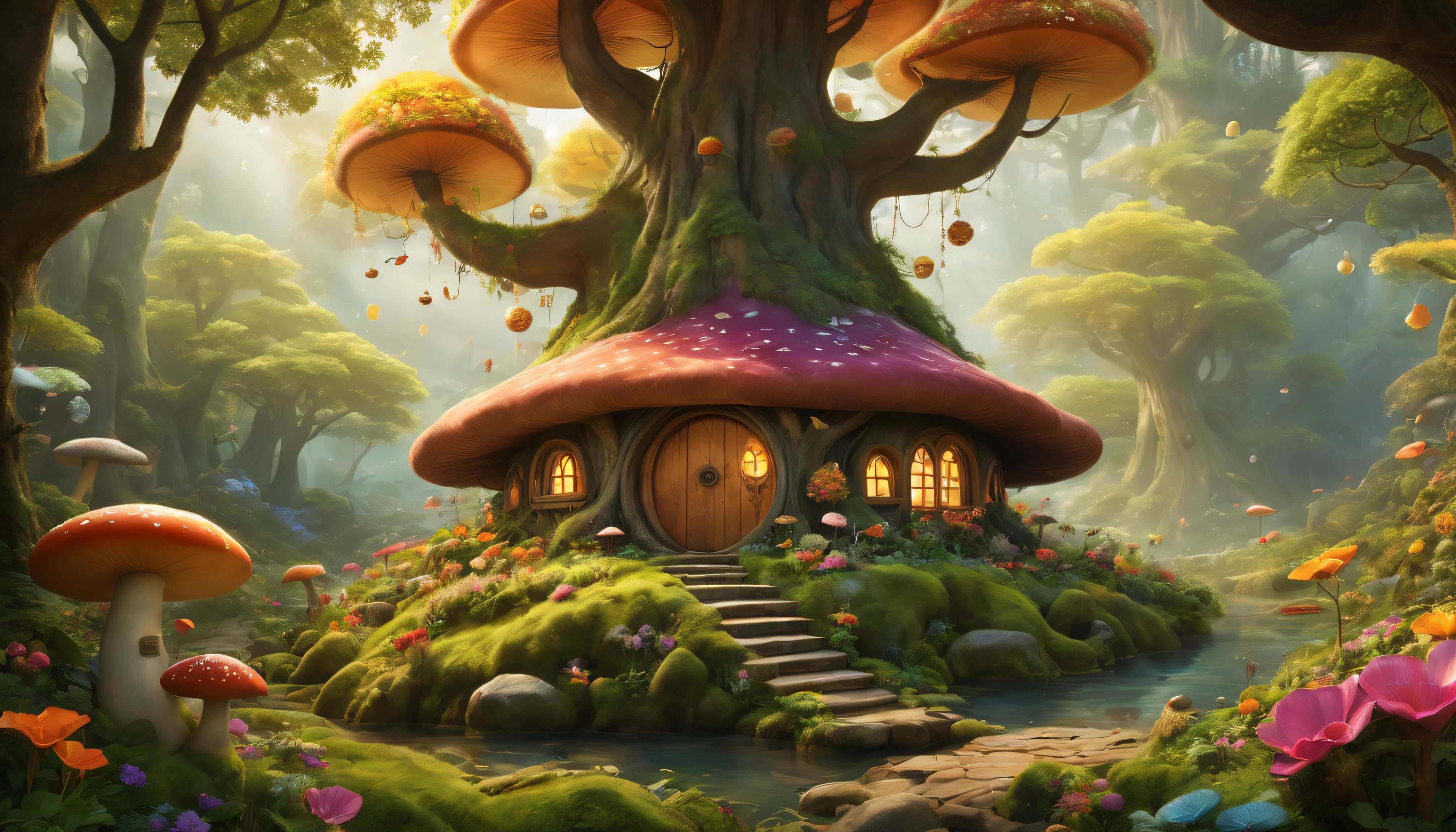 (Mysterious fantasy forest,Dense trees,A strange and cute little tree:1.5),Hobbit Cottage, It is vividly depicted in the work (Best quality, 8K, Advanced resolution, tmasterpiece: 1.2), With ultra-detailed detail, (1.Realism increased by 4 times, realistically: 1.37). This dreamy forest displays vibrant colors in the warm sunlight, create happiness、Whimsical vibe. The house is designed with great attention to detail, With a complex design and unique architecture, mushroom shaped house。 (This magical forest is surrounded by lush greenery and colorful flowers), Elevate a captivating and magical environment。 the work exhibits an illustrative style, inspired by kids's book illustration, Ensures a charming touch. The color palette is made up of vibrant rainbow colors, Seven colors,Evoke feelings of joy and playfulness. Lighting sets off the picturesque scene, Create soft and warm shadows,Add depth and warmth to the artwork. Every detail is impeccablely presented, 创造出视觉上令人惊叹的tmasterpiece,Capture the essence of the fantasy forest.