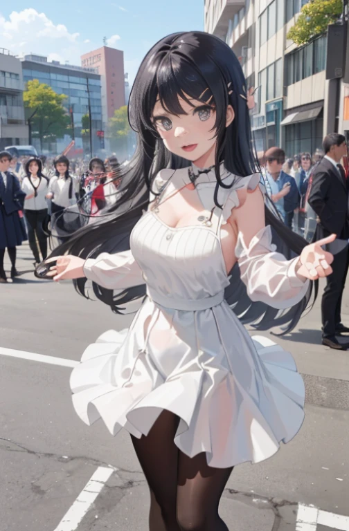 (masutepiece,Best Quality, Detailed), 1girl in, Solo Focus, Outdoors, Street, ((Large crowds)), day, Smile, Open mouth, sakurajima mai, ,white skirt integrated dress，Dresses with visible backs，耳环，Black tights，pin heels，venue