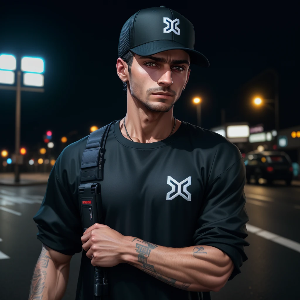 arafed man in black shirt and black hat standing in the street, official product photo, black clothing, outlive streetwear collection, daniel dociu, baggy clothing and hat, techwear clothes, techwear fashion, wearing a backwards baseball cap, techwear look and clothes, detailed clothing, casual black clothing, official product image, techwear