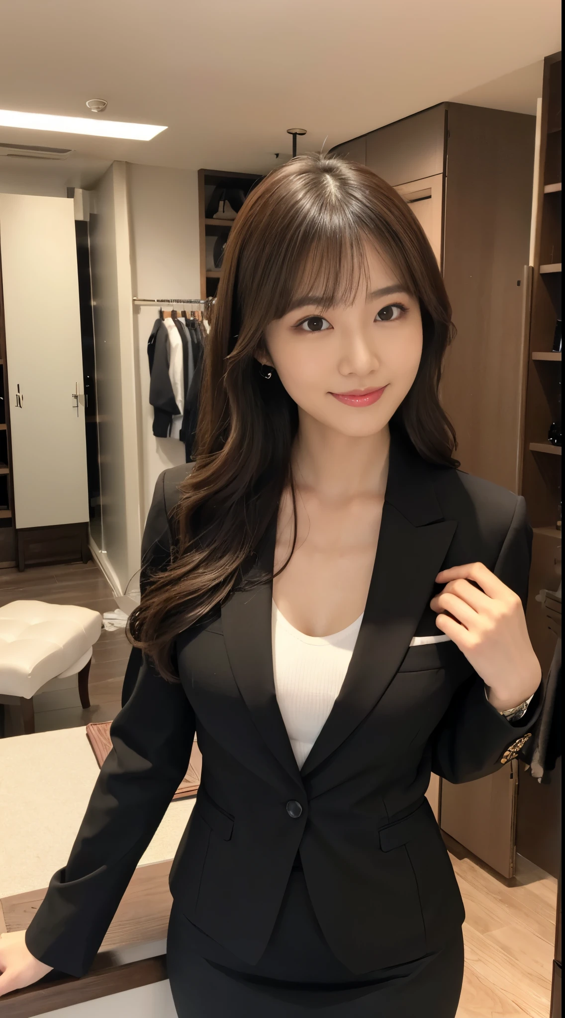 ultra best quality、in 8K、masuter piece、Professionally taken photos，​masterpiece，25 year old Japanese sexy girl，The best smile，Looking away，Fancy makeup with red eyeshadow，Officelady，Medium chest，Slender body，black office lady suit（skirt type）、vertically curled brown hair、eye glass、Change clothes in the changing room、Bright dressing room