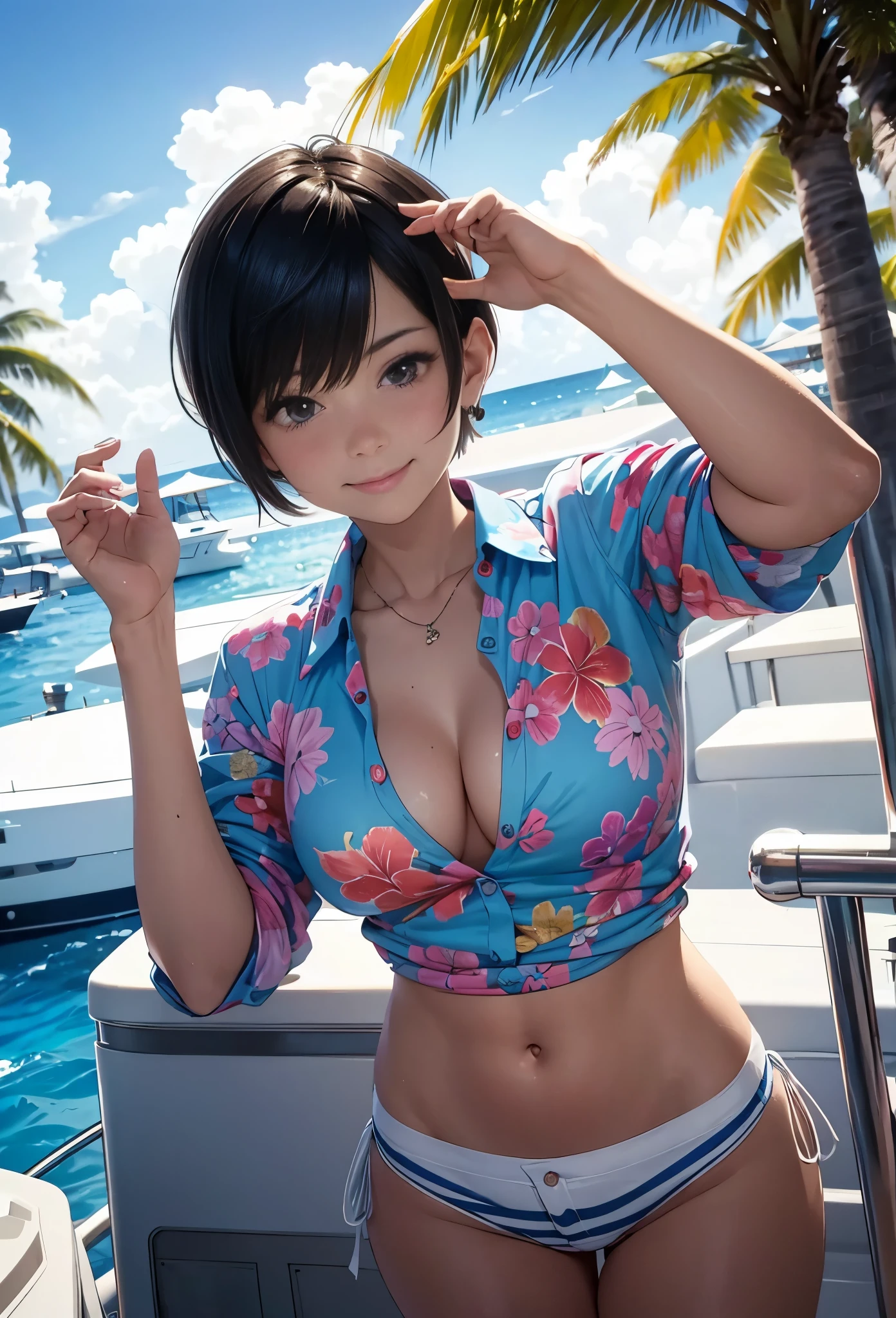 A woman with short hair, raw, hyper HD, 8K, looking at the camera in, On a yacht at sea, vacation photo, island paradise, Colorful Hawaiian button shirt, Frankness, amator, natural  lightting, perfect day, [Smiling]