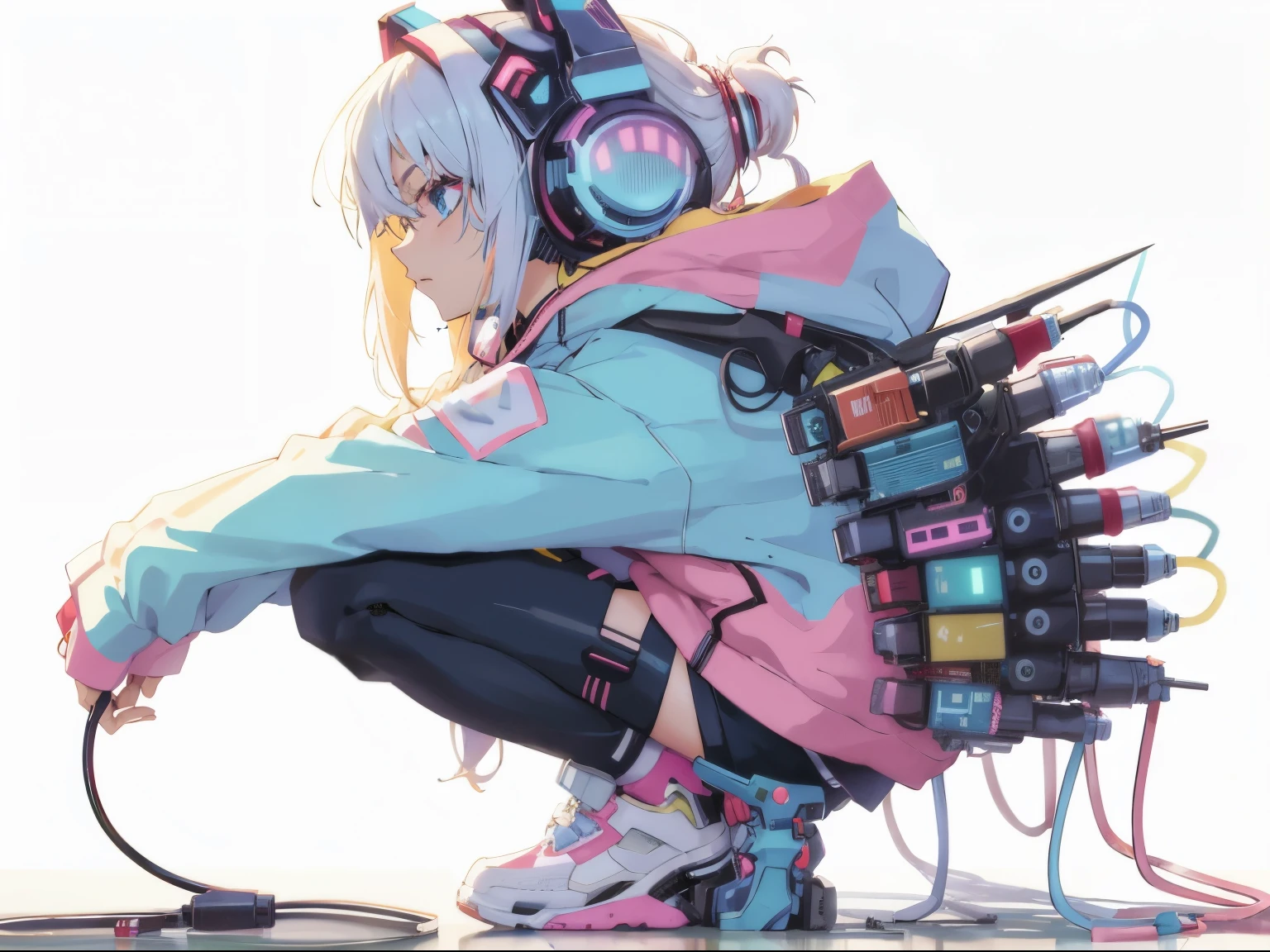 Anime girl sitting on the floor and wearing headphones and shoes, digital cyberpunk - anime art, digital cyberpunk anime art, anime style 4 k, Cyberpunk Anime Girl, cyber style, anime vibes, Cyberpunk Anime Girl in hoodie, cyberpunk anime art, 动漫赛博朋克艺术, glitchpunk girl, anime robotic mixed with organic, Anime Mecha Aesthetics, cyberpunk art style