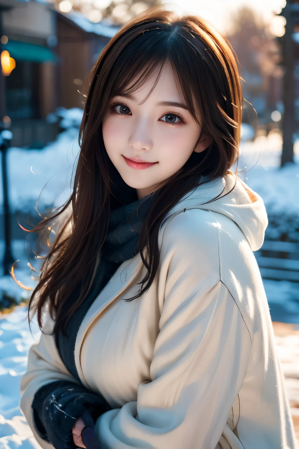 1girl in, (Wear winter clothes:1.2), (Unripe, Best Quality), (Realistic, Photorealsitic:1.4), masutepiece, Extremely delicate and beautiful, Extremely detailed, 2k wallpaper, amazing, finely detail, the Extremely Detailed CG Unity 8K Wallpapers, Ultra-detailed, hight resolution, Soft light, Beautiful detailed girl, extremely detailed eye and face, beautiful detailed nose, Beautiful detailed eyes, Cinematic lighting, Winter scene, Perfect Anatomy, Slender body, Taut, Straight semi-long hair, Bangs, Looking at Viewer, A slight smil