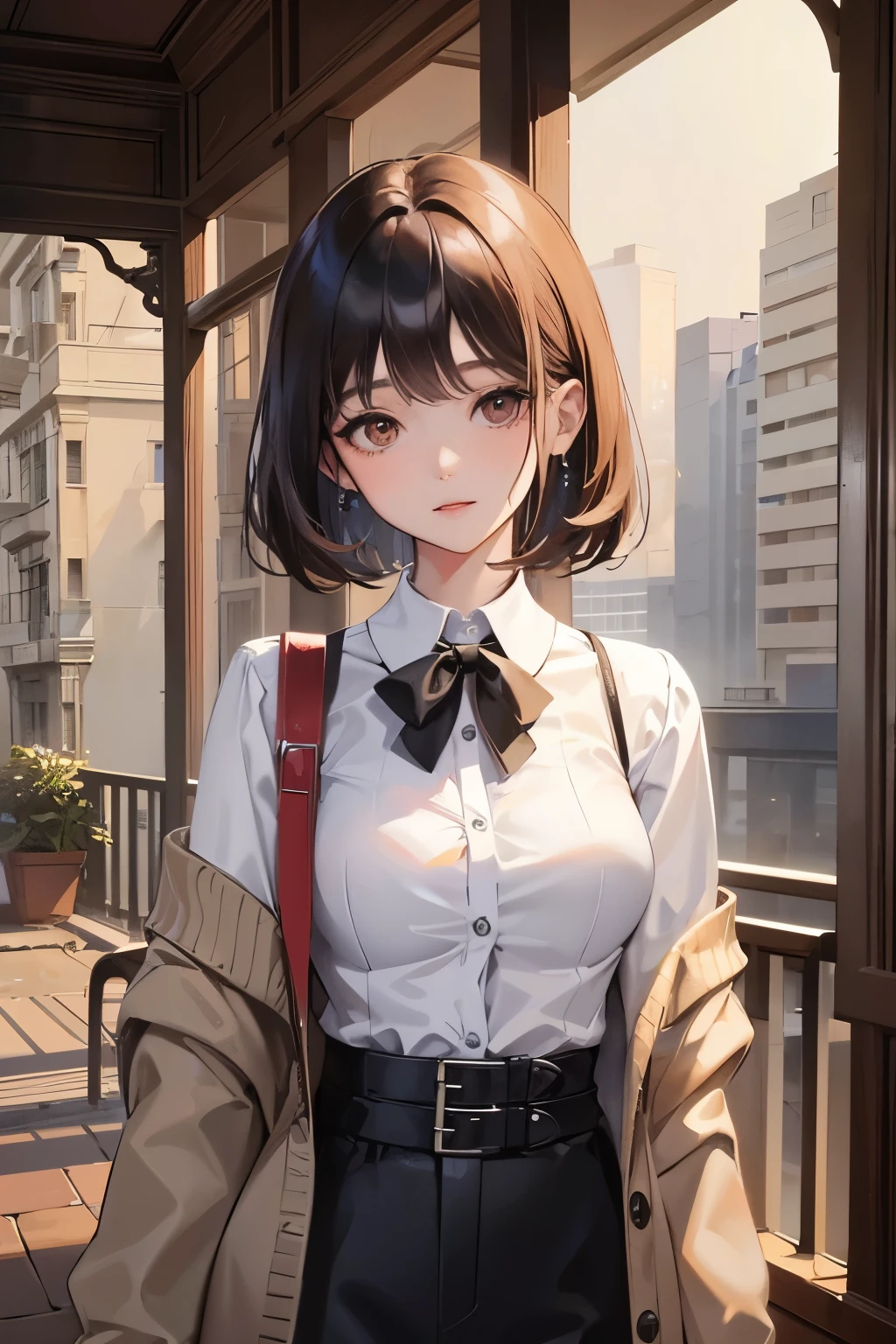 short length bangs, tmasterpiece, Best quality at best, A high resolution, 1 Sister, ,lopfe art ventania grid,view the viewer,(ssmile:0.6),,Lace bra,Cardigan shirt,fenced building roof,ventania,perfect posture,Award-winning works,