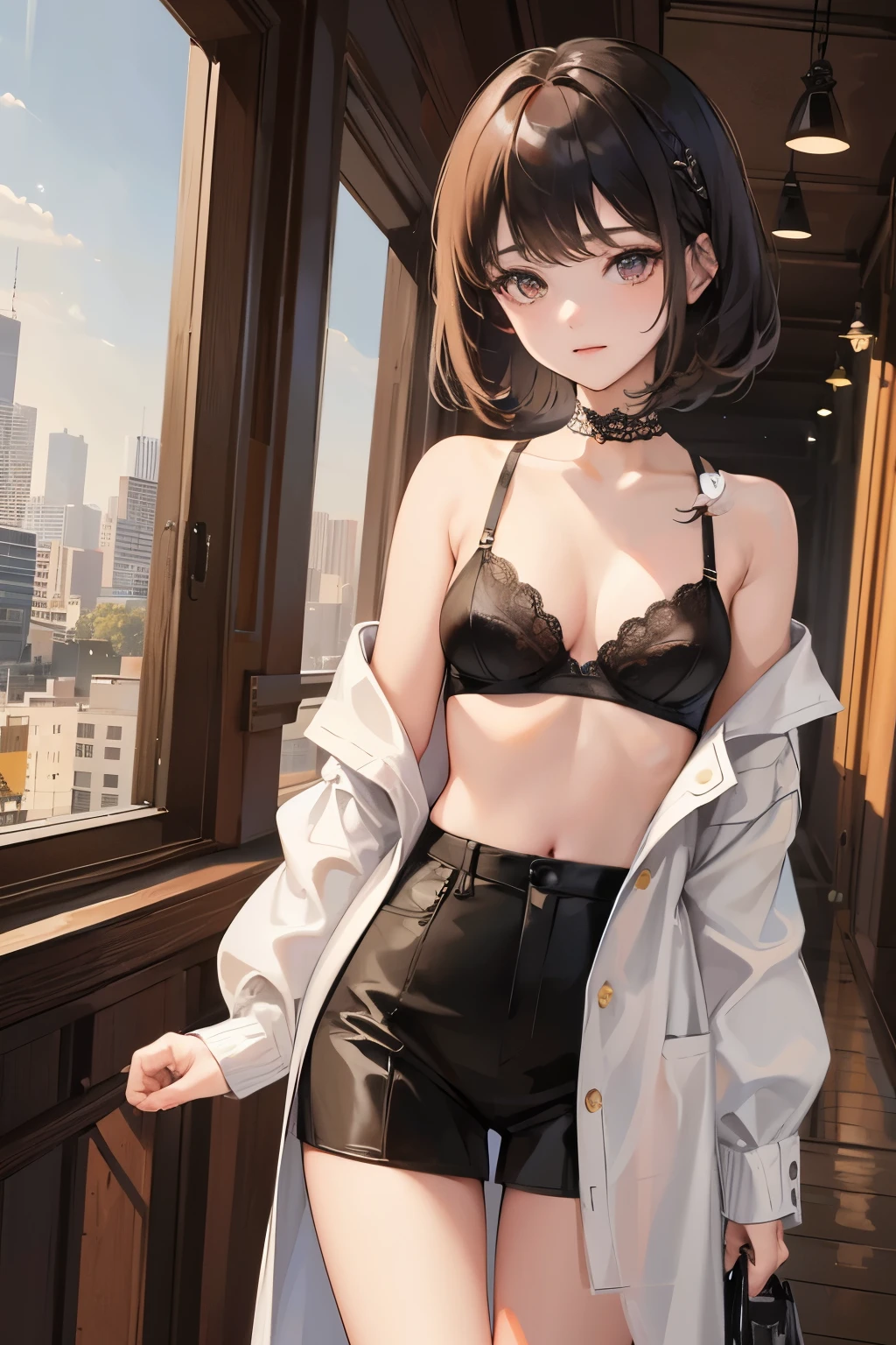 short length bangs, tmasterpiece, Best quality at best, A high resolution, 1 Sister, ,lopfe art ventania grid，view the viewer,(ssmile:0.6),,Lace bra,Cardigan shirt,fenced building roof,ventania,perfect posture，Award-winning works，