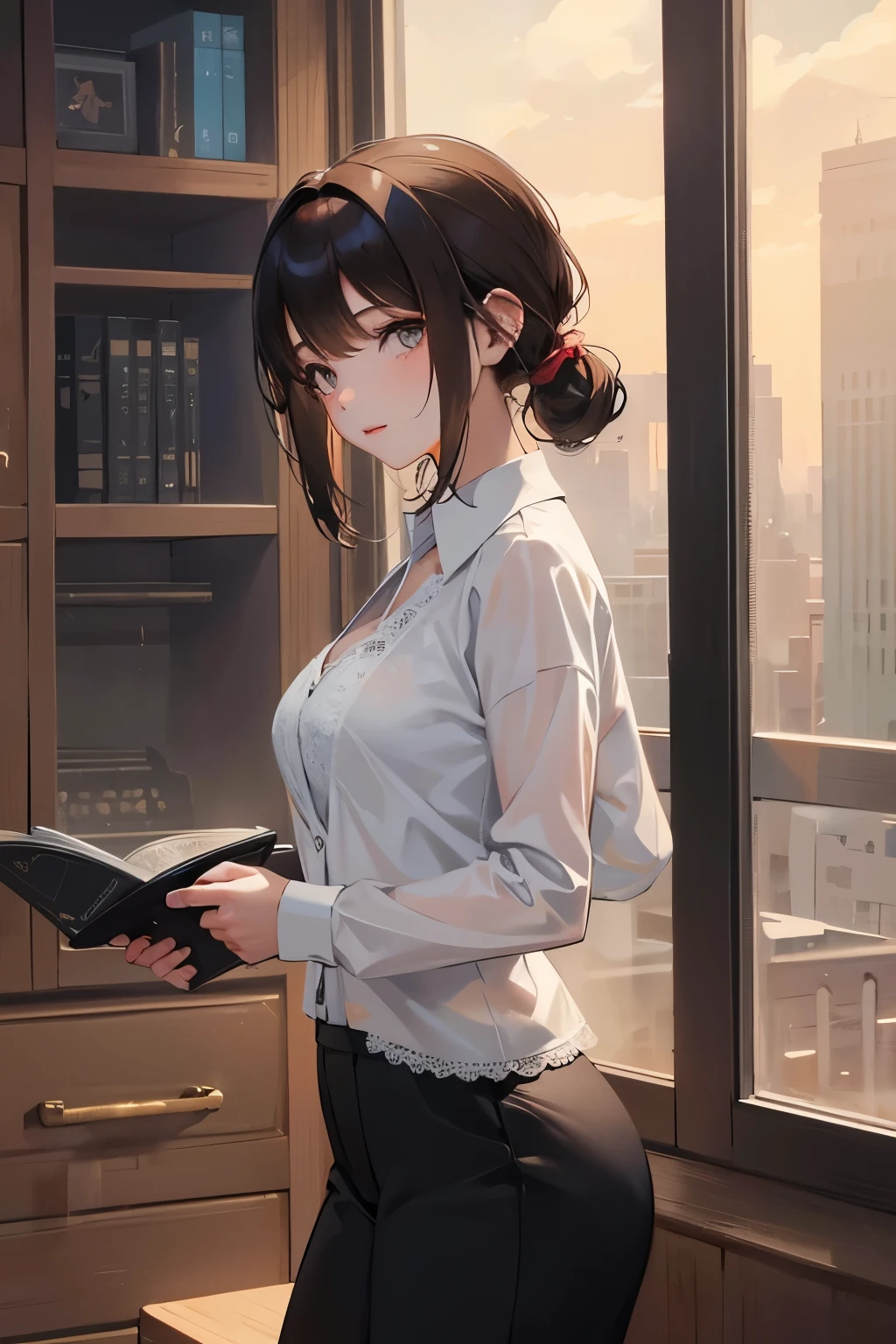 short length bangs, tmasterpiece, Best quality at best, A high resolution, 1 Sister, ,lopfe art ventania grid,view the viewer,(ssmile:0.6),,Lace bra,Cardigan shirt,fenced building roof,ventania,perfect posture,Award-winning works,