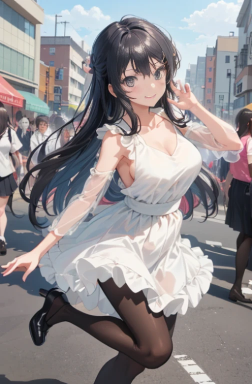 (masutepiece,Best Quality, Detailed), 1girl in, Solo Focus, Outdoors, Street, ((Large crowds)), day, Smile with closed mouth Mai Sakurajima, ,white skirt integrated dress，Dresses with visible backs，耳环，Black tights，pin heels，venue