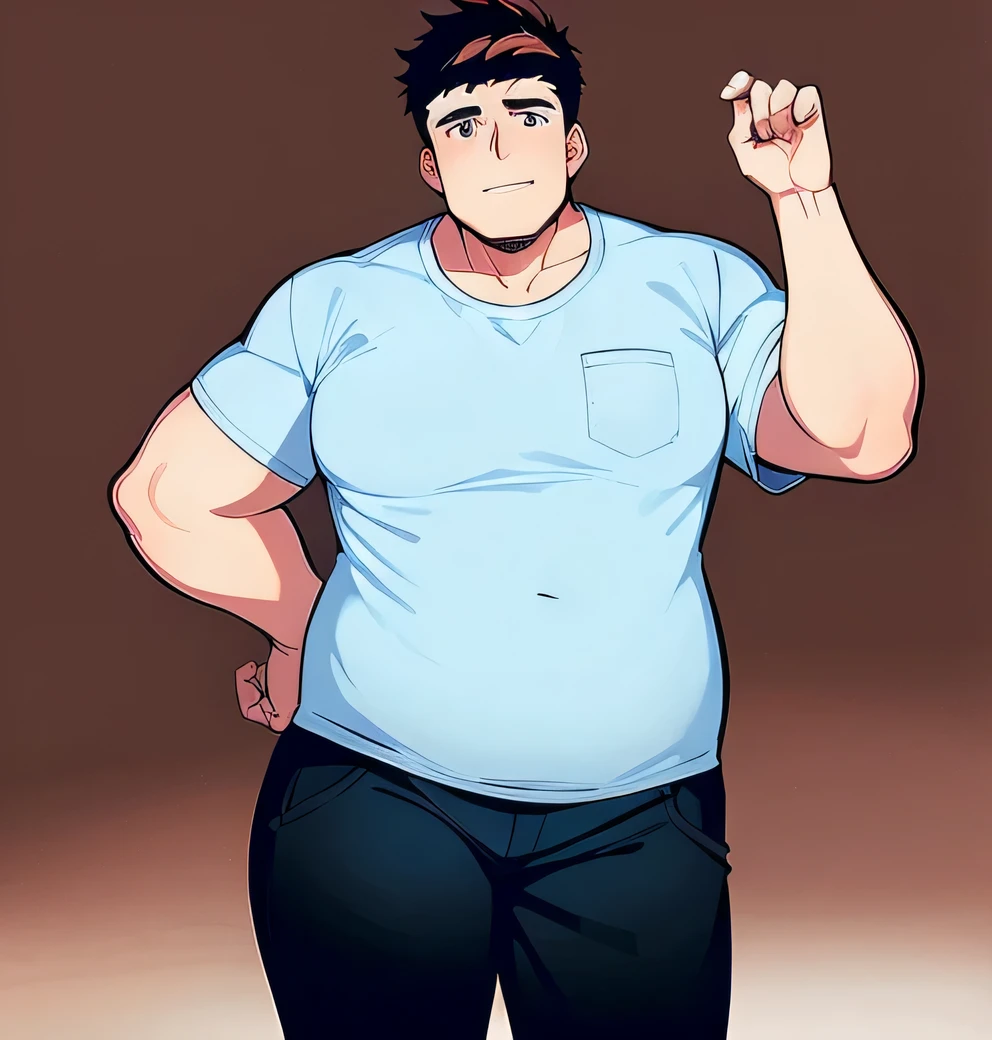 Clip of a man wearing a blue shirt and black pants, short full body portrait!, Tall blue eyed anime character, Muscular!, Muscular!!, anime handsome man, handsome anime pose, beef patty pose, thicc, peter griffin body type, Machipuliya, heavy gesture style closeup, super heavy!!  schoolboy, Muscular!!!, Strong and stocky body