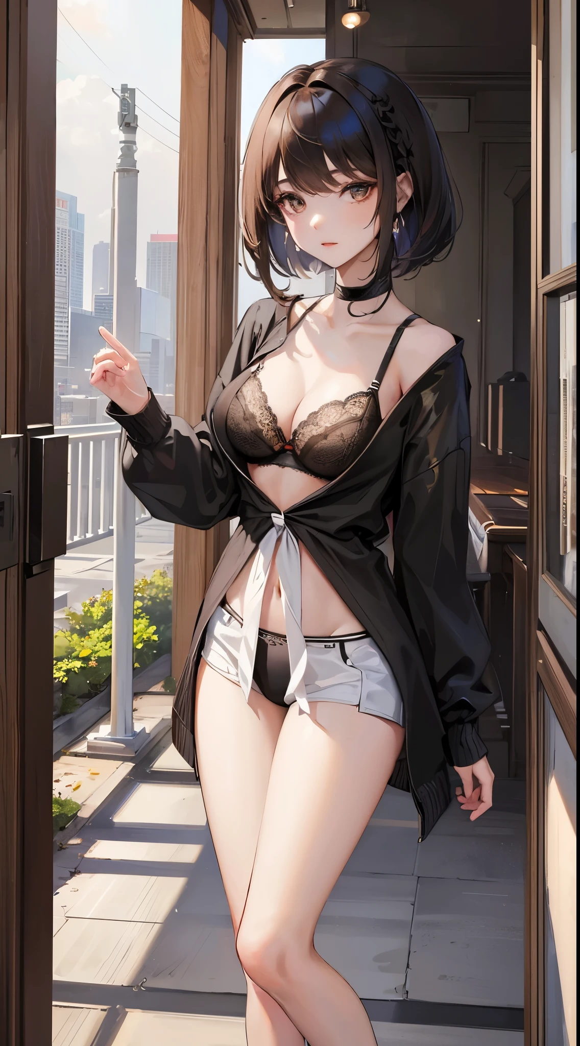short length bangs, tmasterpiece, Best quality at best, A high resolution, 1 Sister, ,lopfe art ventania grid，view the viewer,(ssmile:0.6),,Lace bra,Cardigan shirt,fenced building roof,ventania,perfect posture，Award-winning works，