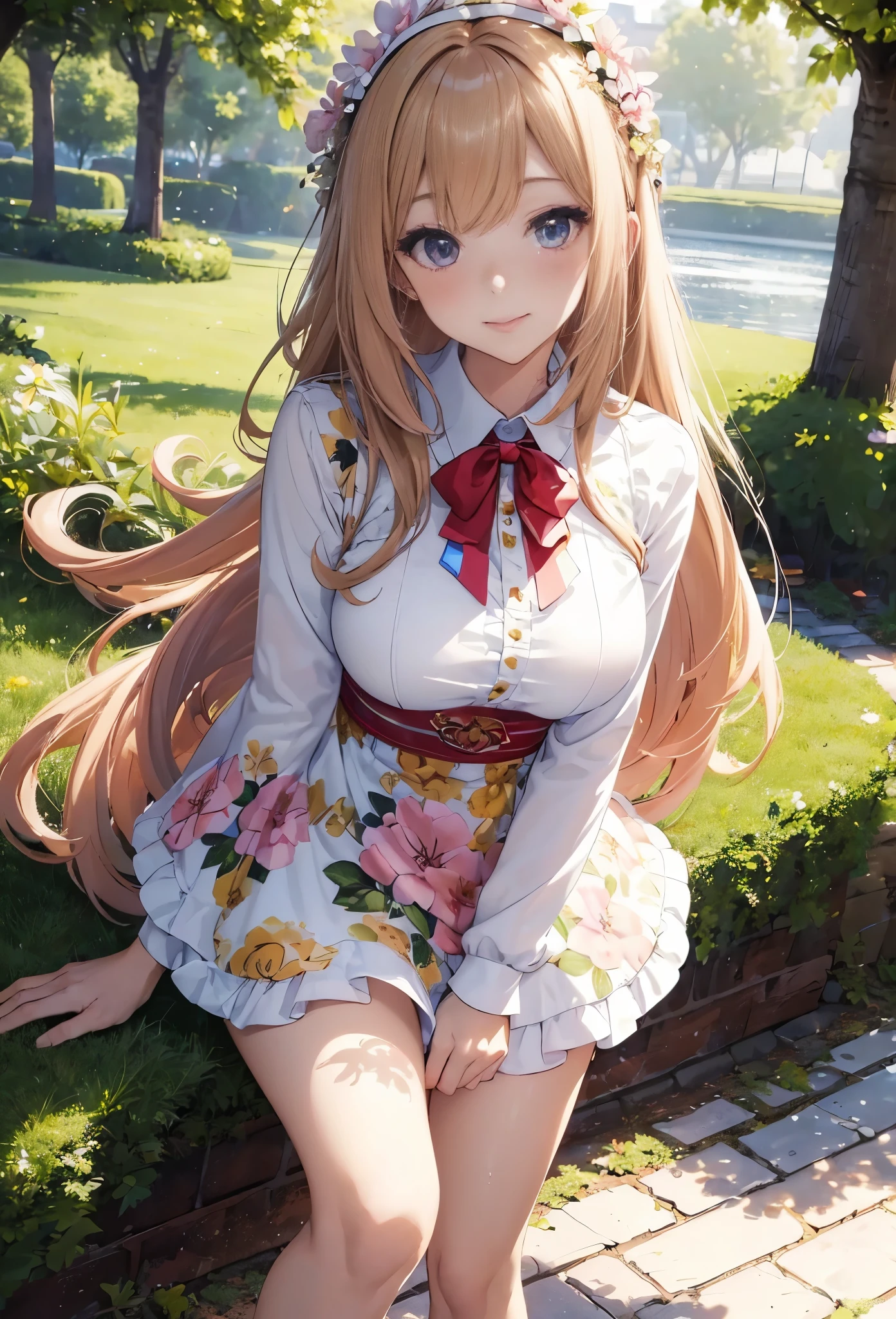 ((Best quality at best, 8K, tmasterpiece: 1.3)), 1个Giant Breast Girl, Slim and beautiful: 1.3, (long whitr hair: 1.2), Floral dress, legs long: 1.1, The face is super delicate, Fine Eye, 二重まぶた, En plein air