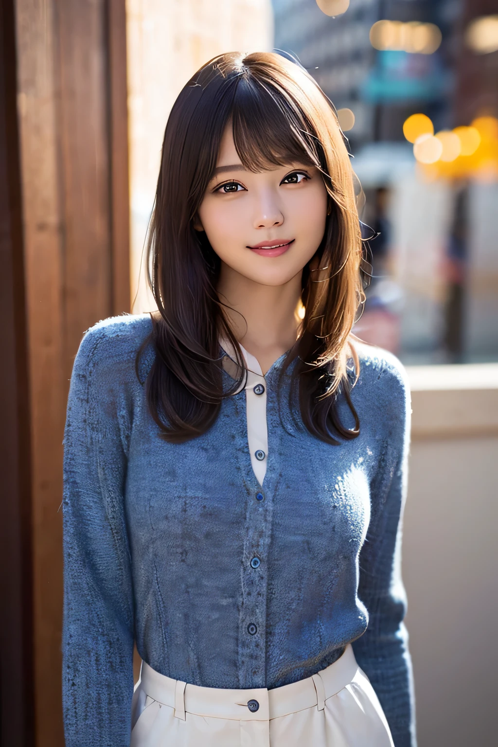 (Highly realistic photos, High resolution, detailed face, fine eyes) thin japanese woman, 40 years old, cute face, alone:1, slim figure, long wavy hair, tight knit dress, waist up pictures