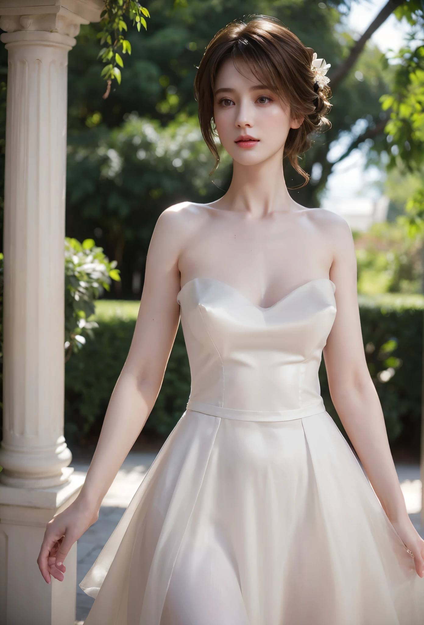 (perspiring:0.7),light wedding dress,Short white dress,maam,,delicated face, pretty face,of shoulders,Shoulders slightly exposed,Translucent skin,黑The eye,brunette color hair,(realisticlying:1.4),Realistic details, A high resolution,bokeh,excellent detail