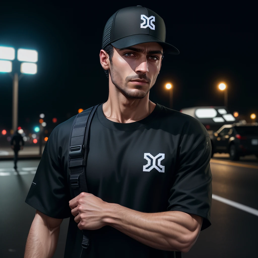 arafed man in black shirt and black hat standing on a cybertruck, official product photo, black clothing, outlive streetwear collection, daniel dociu, baggy clothing and hat, techwear clothes, techwear fashion, wearing a backwards baseball cap, techwear look and clothes, detailed clothing, casual black clothing, official product image, techwear